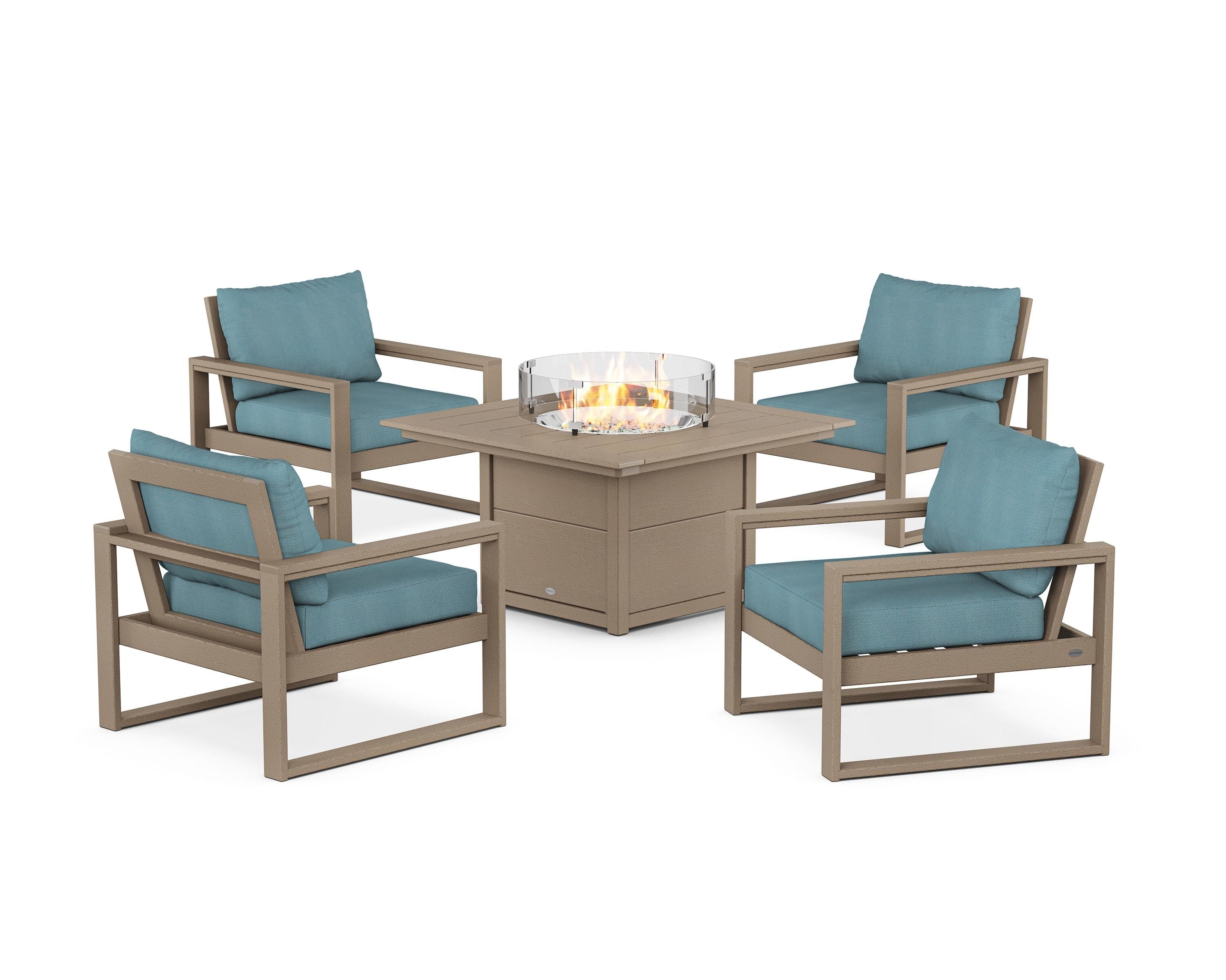 POLYWOOD EDGE Sectional 5-Piece Deep Seating Set with Fire Pit Table in Vintage Sahara / Lattice Sky Blue