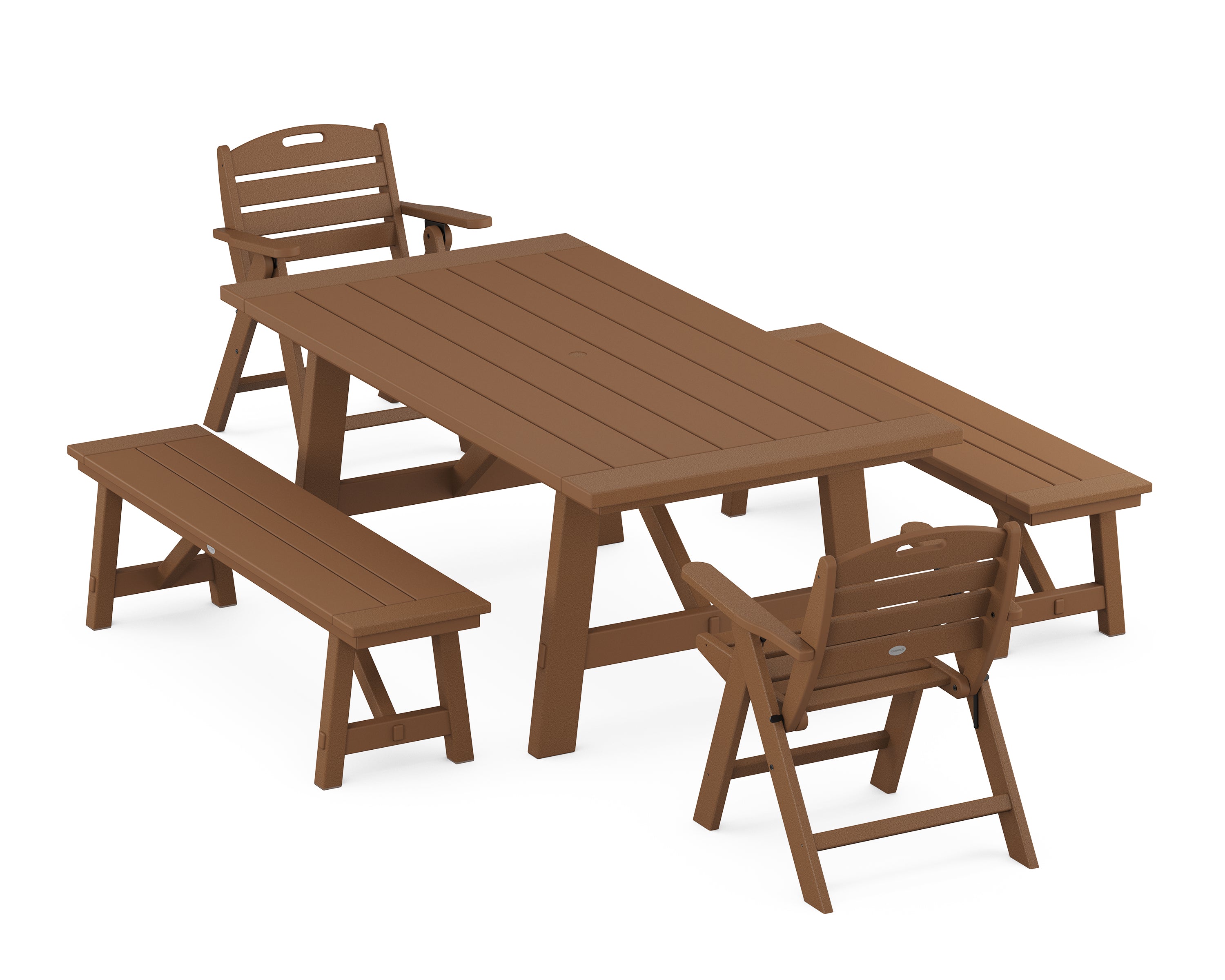 POLYWOOD® Nautical Folding Lowback Chair 5-Piece Rustic Farmhouse Dining Set With Benches in Teak