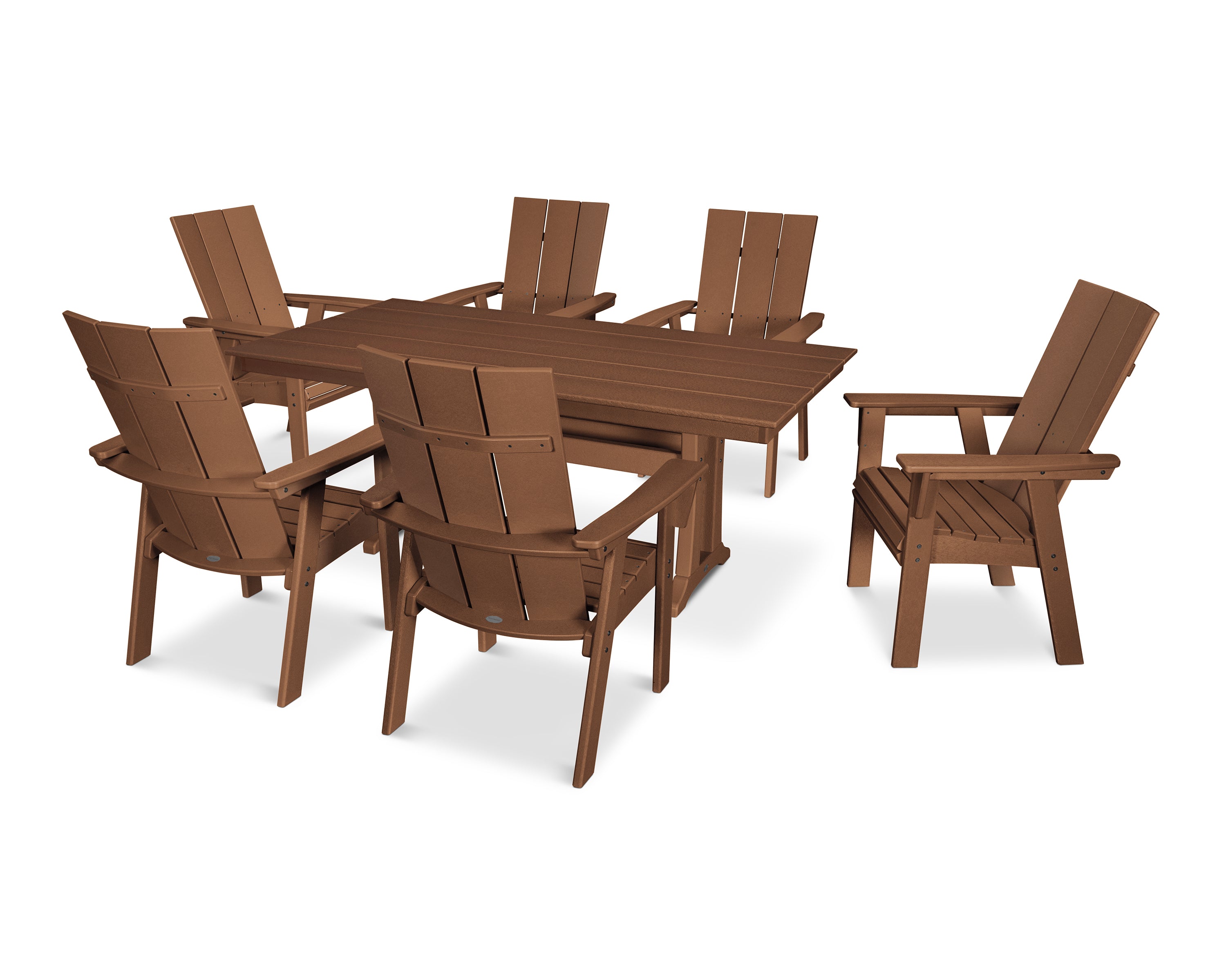 POLYWOOD® Modern Curveback Adirondack 7-Piece Farmhouse Dining Set with Trestle Legs in Teak