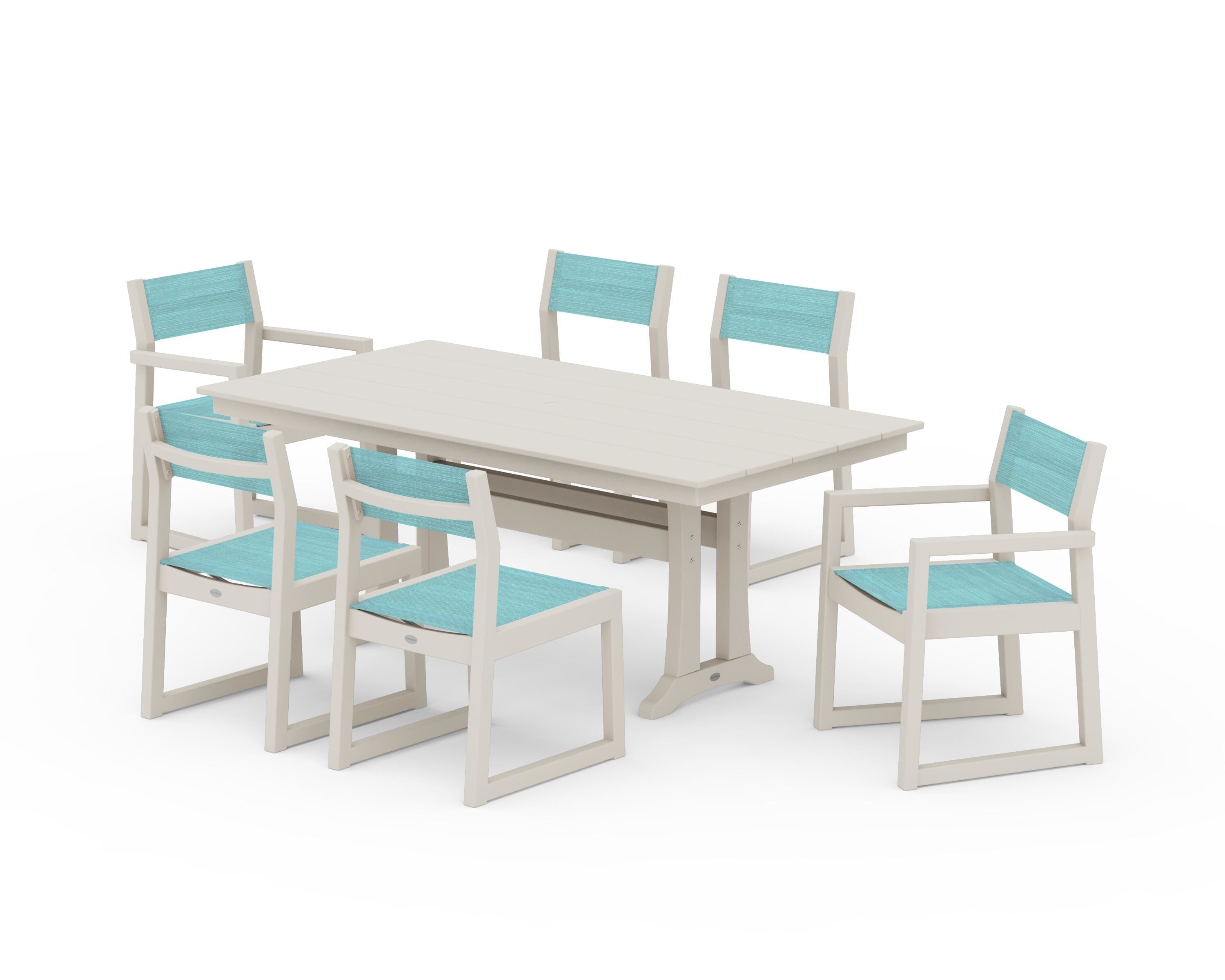 POLYWOOD EDGE Sling 7-Piece Farmhouse Trestle Dining Set in Sand / Dupioni Aquamarine Sling