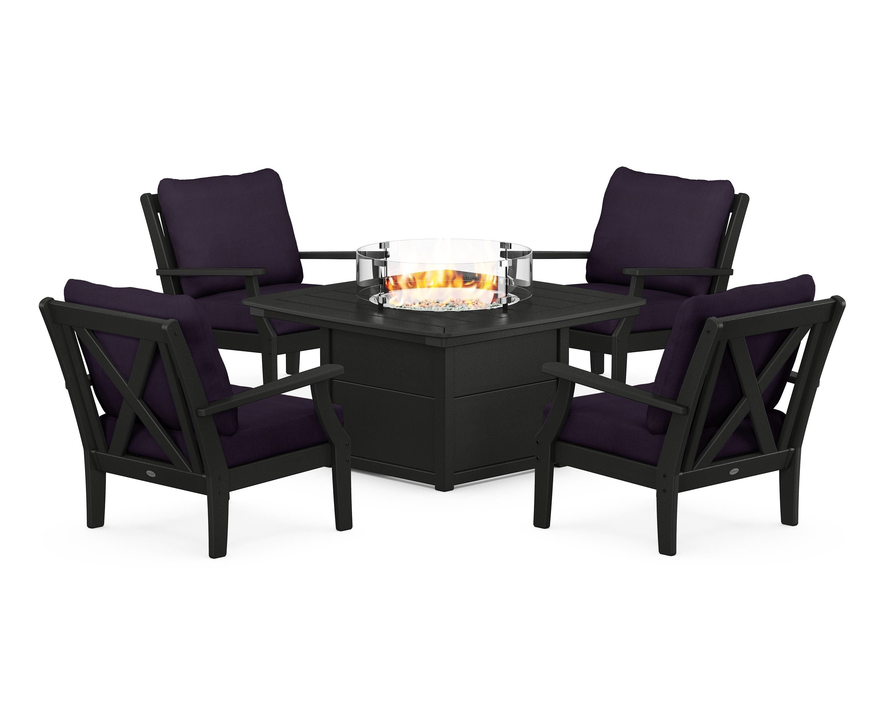 POLYWOOD Braxton 5-Piece Deep Seating Conversation Set with Fire Pit Table in Black / Navy Linen