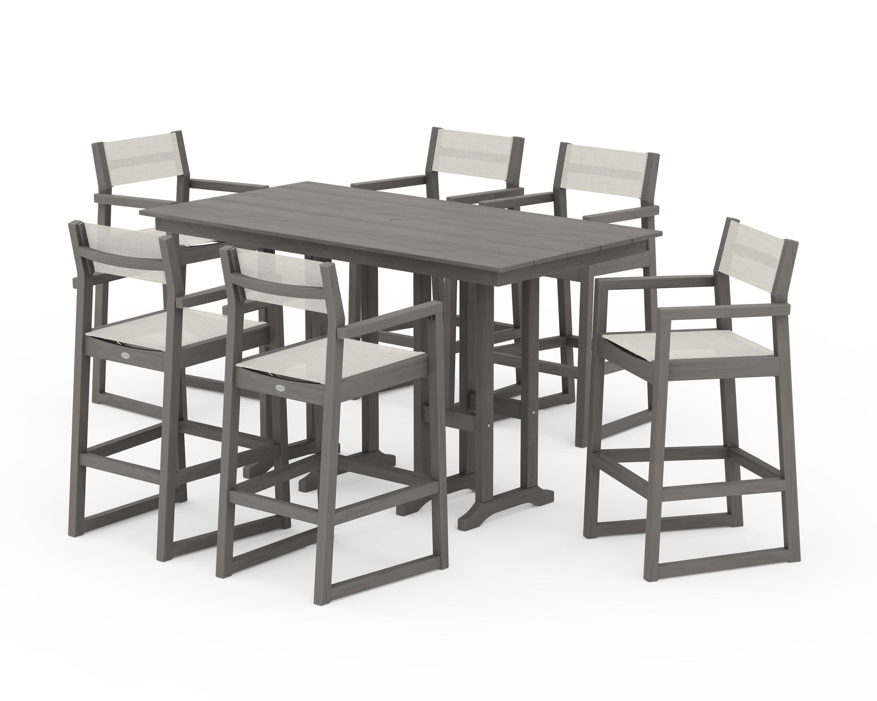 POLYWOOD EDGE Sling Arm Chair 7-Piece Farmhouse Bar Set in Driftwood / Parchment Sling