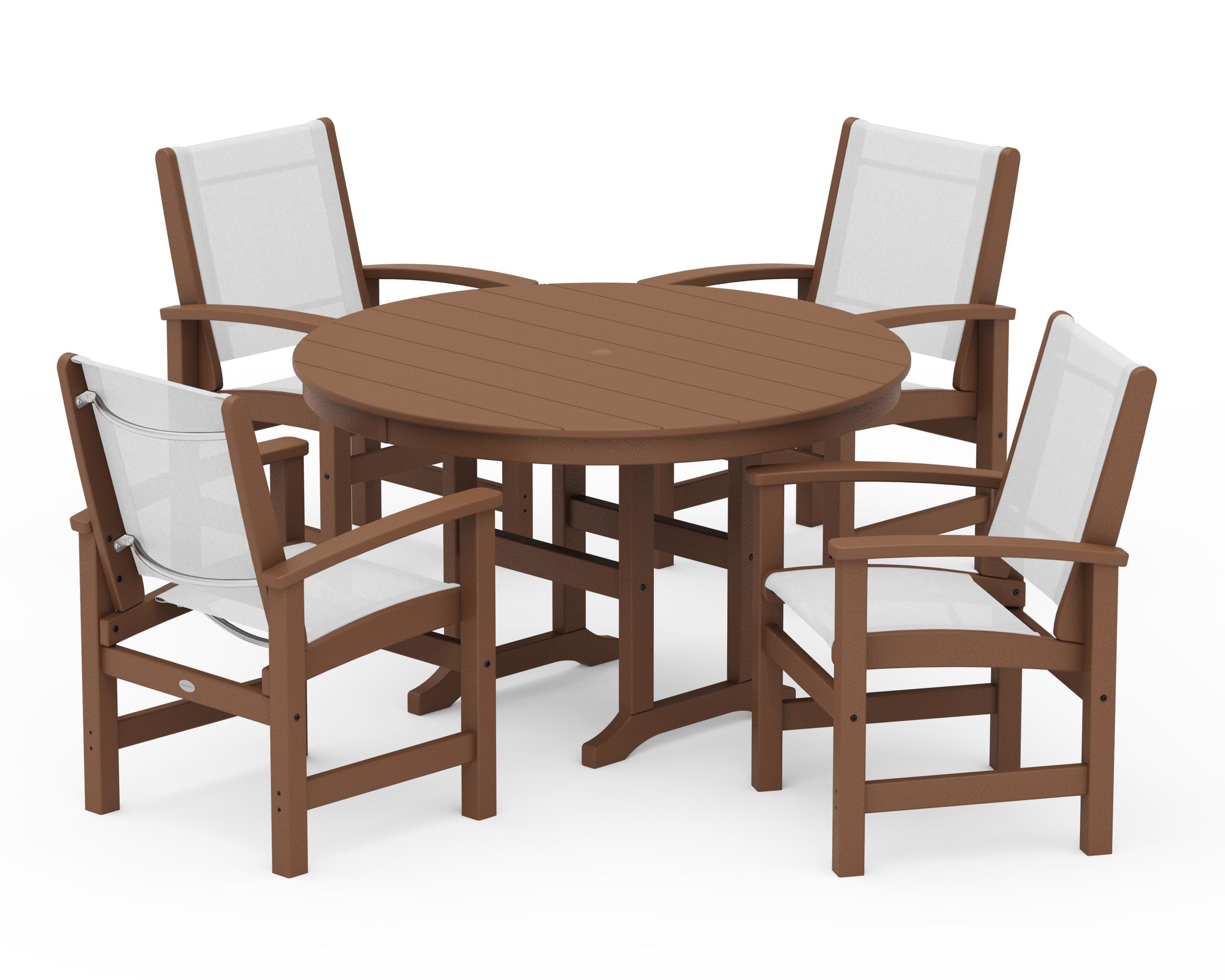 POLYWOOD Coastal 5-Piece Round Farmhouse Dining Set in Teak / White Sling