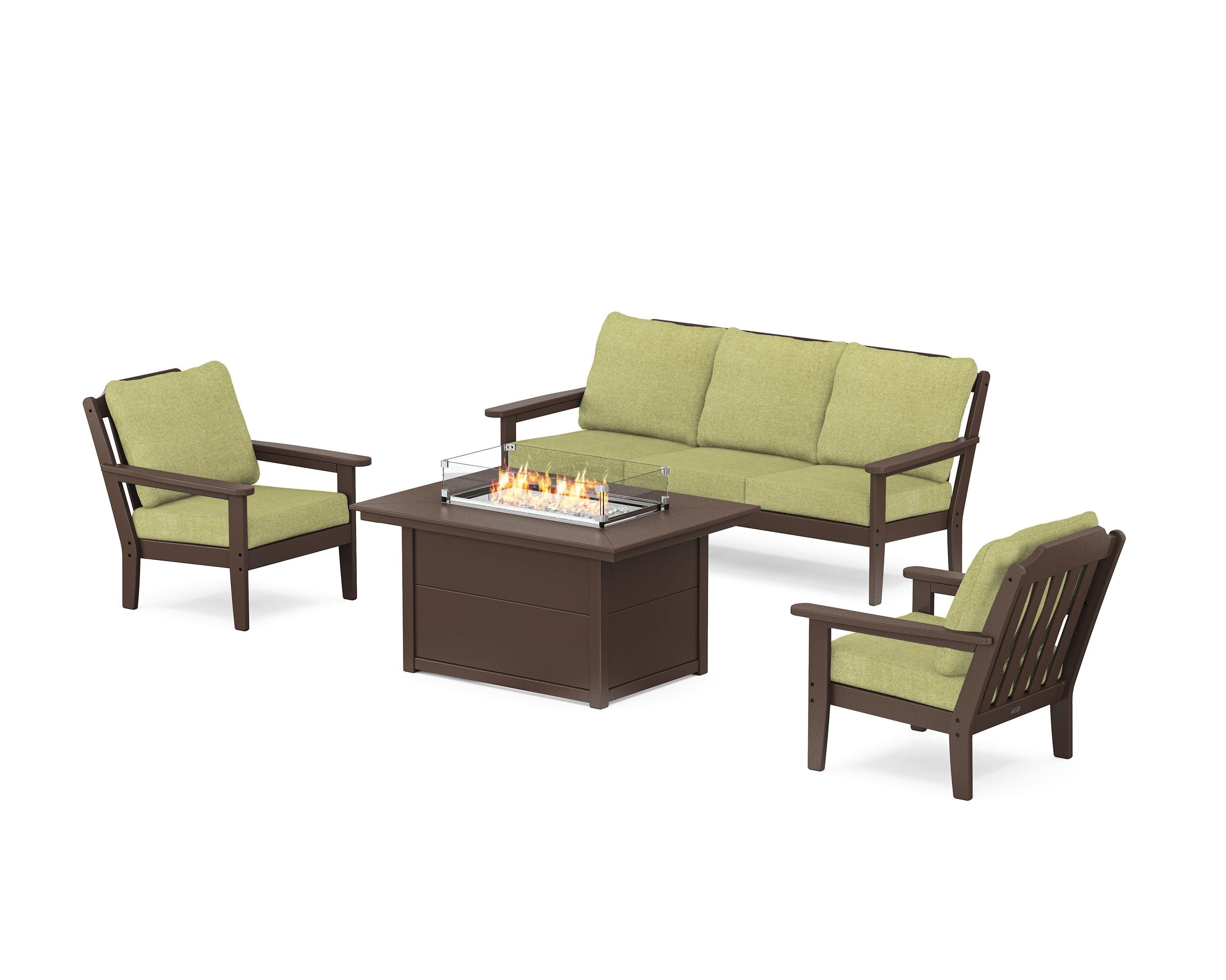 Country Living Cottage Deep Seating Fire Pit Table Set in Mahogany / Chartreuse Boucle
