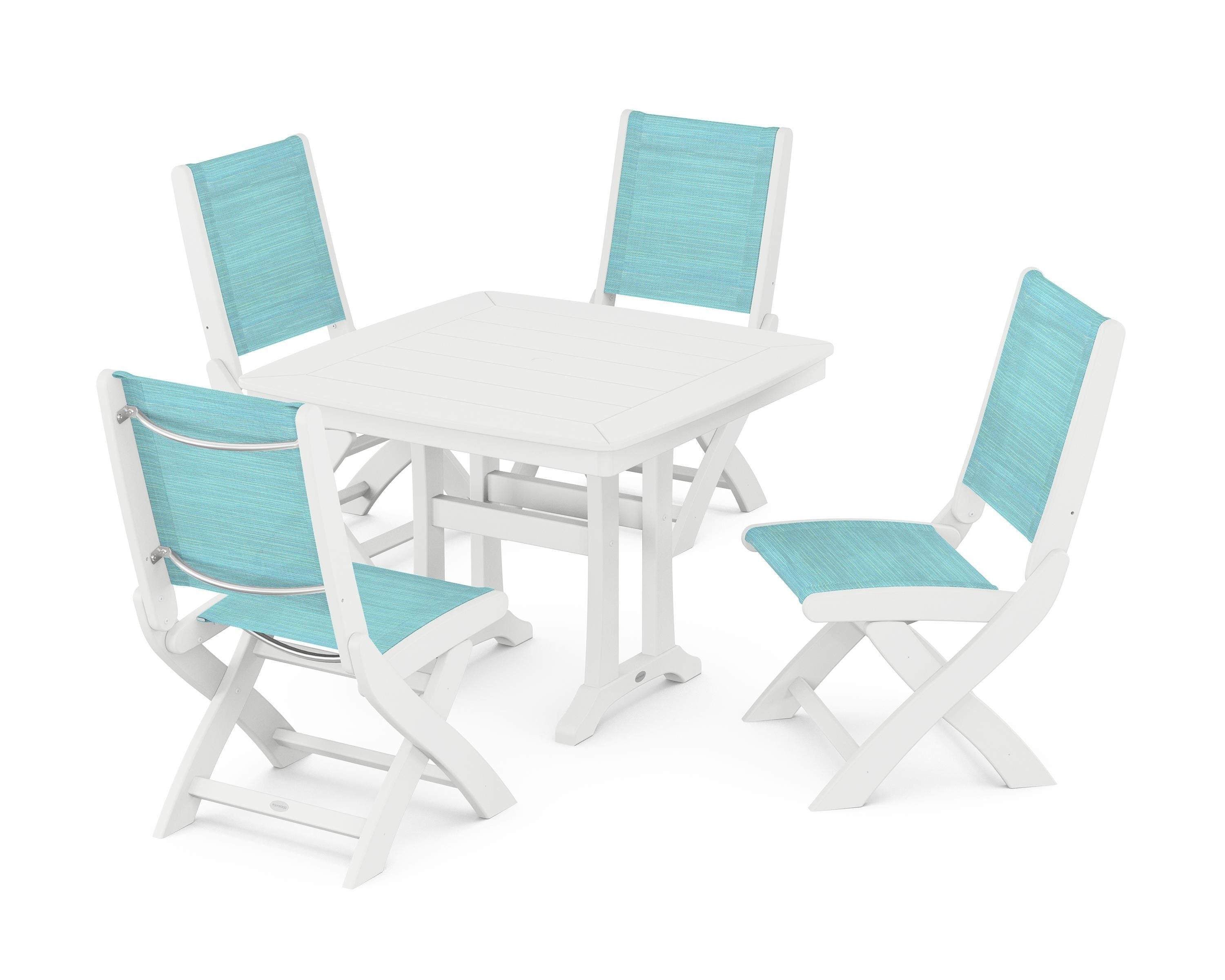 POLYWOOD Coastal Folding Side Chair 5-Piece Dining Set with Trestle Legs in White / Dupioni Aquamarine Sling