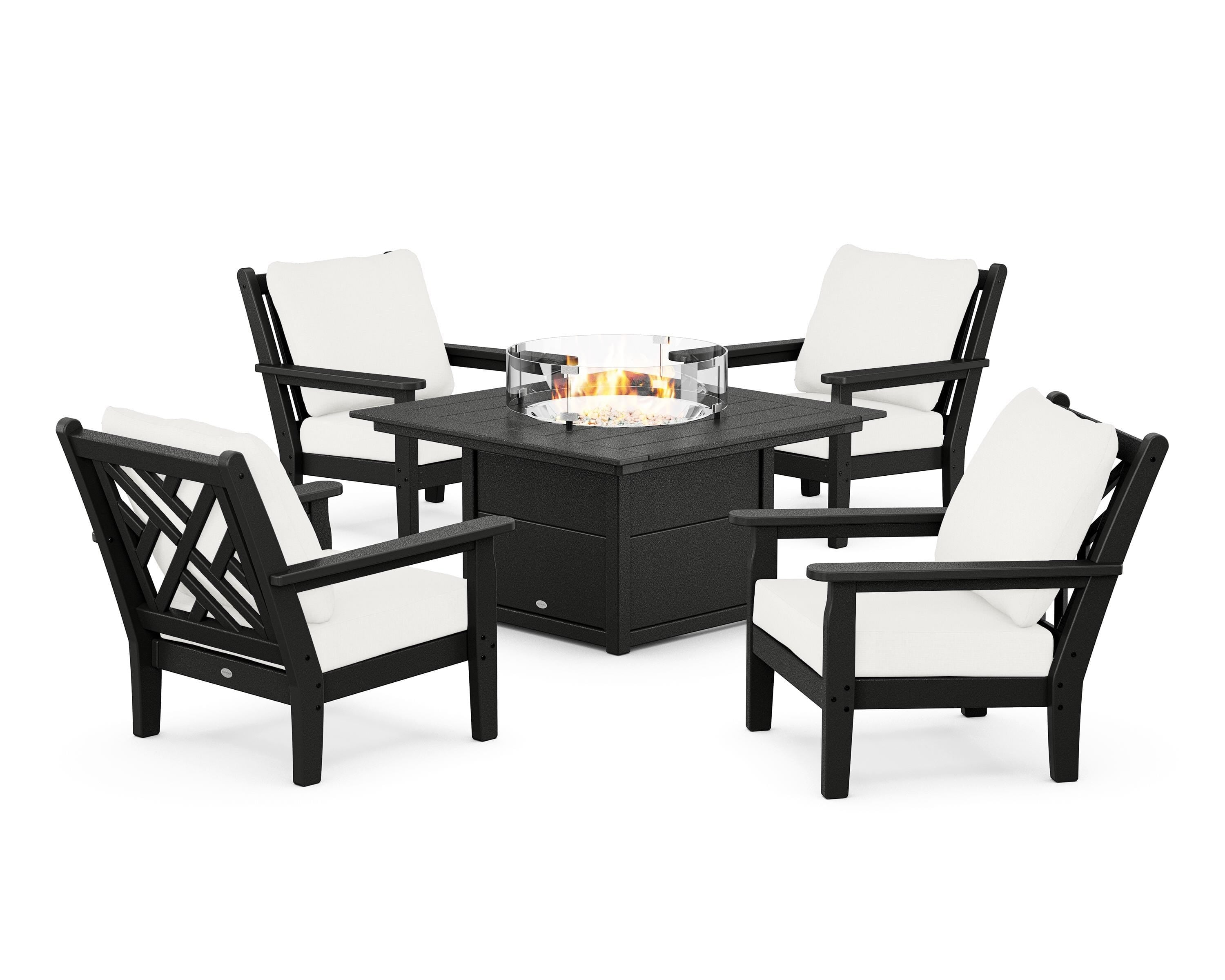 POLYWOOD Chippendale 5-Piece Deep Seating Set with Fire Pit Table in Black / Natural Linen