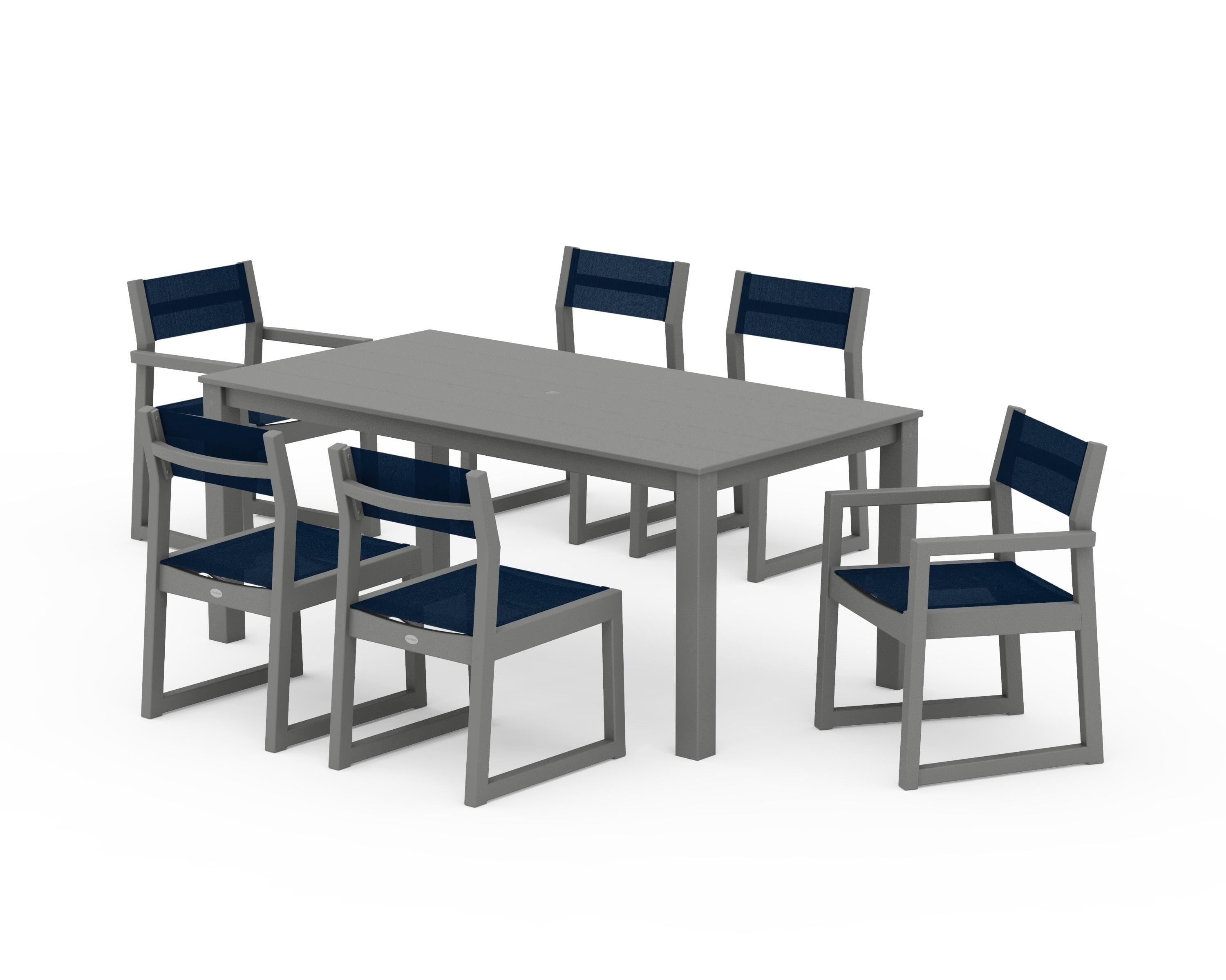 POLYWOOD EDGE Sling 7-Piece Parsons Dining Set in Slate Grey / Navy Blue Sling