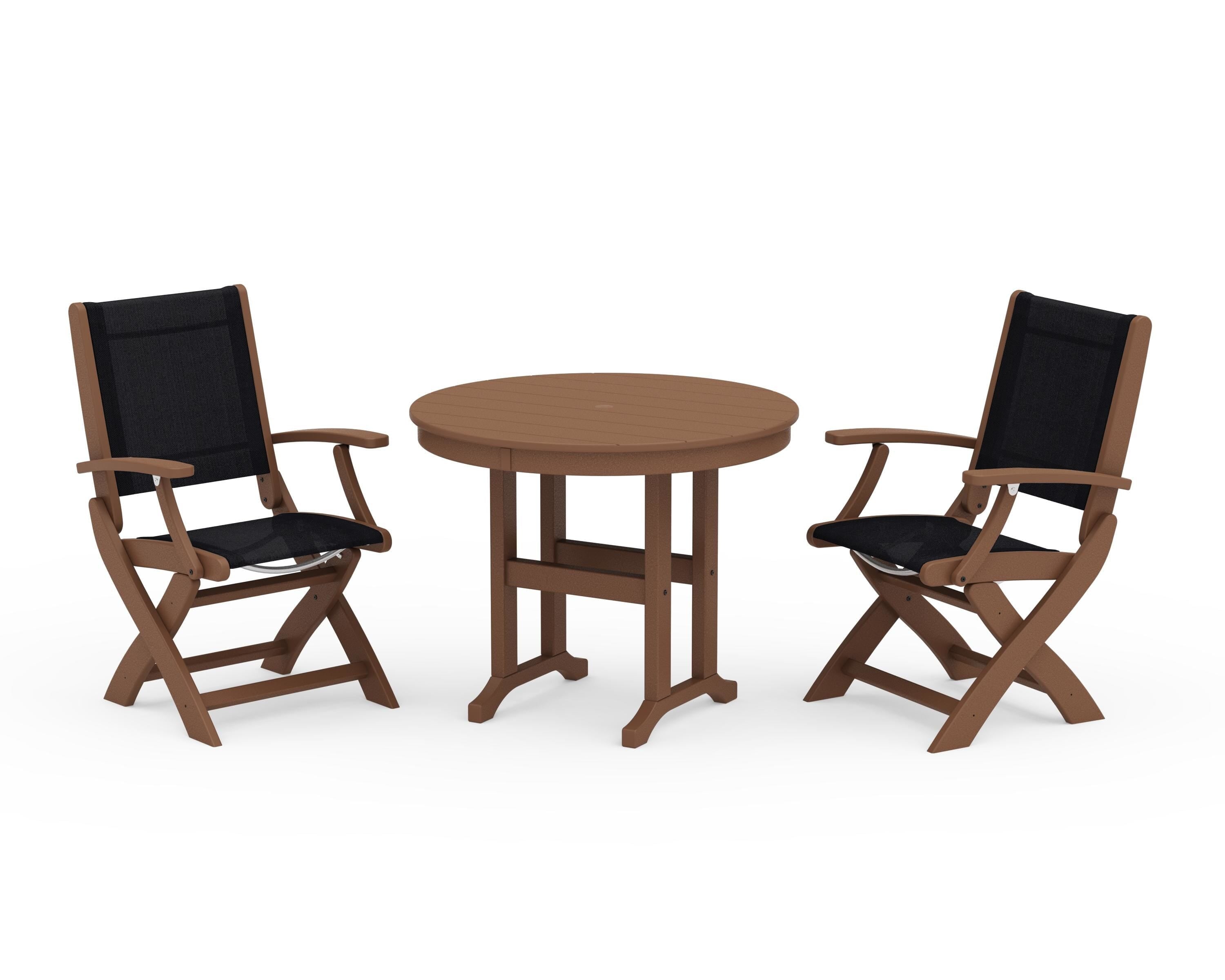 POLYWOOD Coastal Folding Chair 3-Piece Round Dining Set in Teak / Black Sling