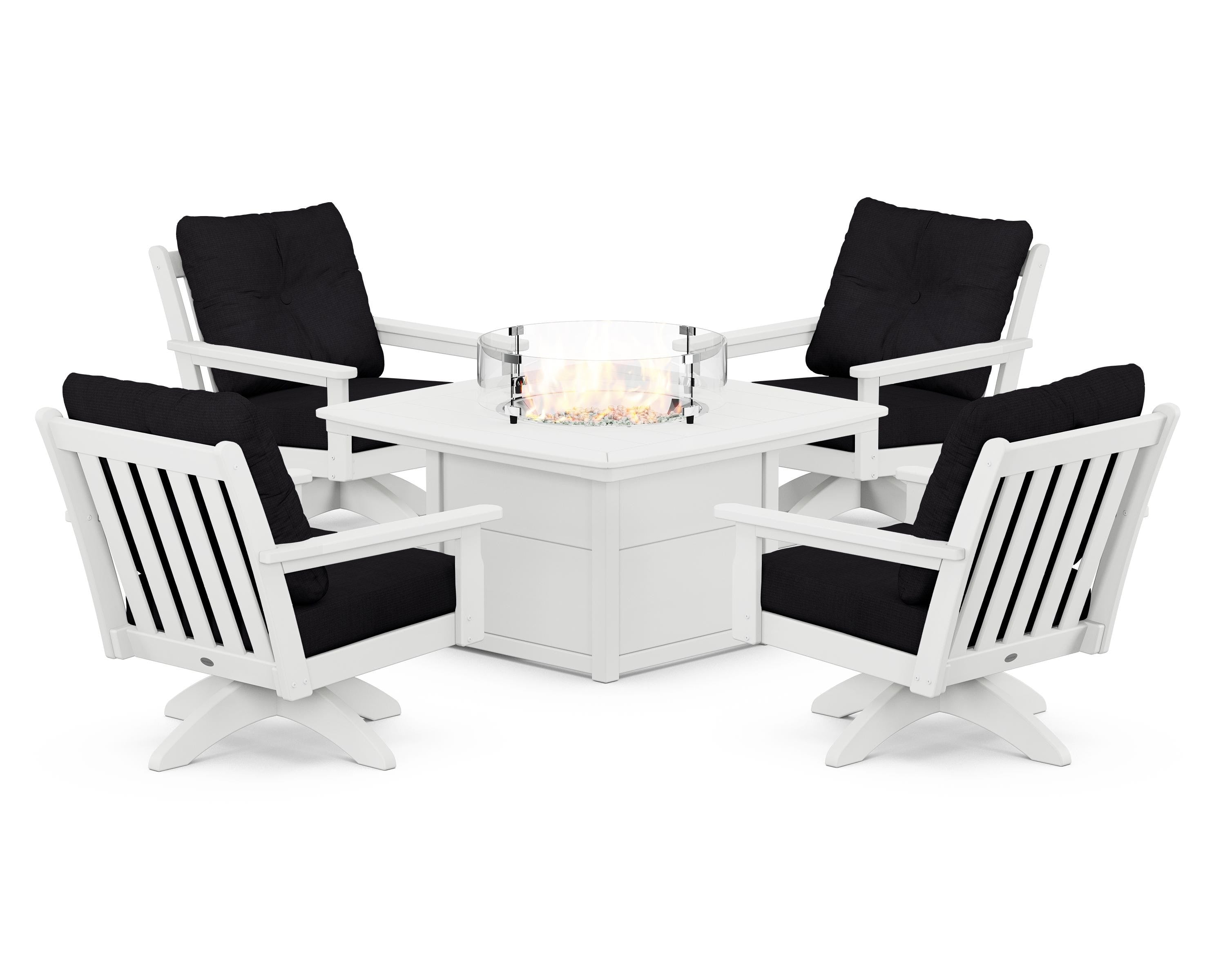 POLYWOOD Vineyard 5-Piece Deep Seating Swivel Conversation Set with Fire Pit Table in White / Midnight Linen