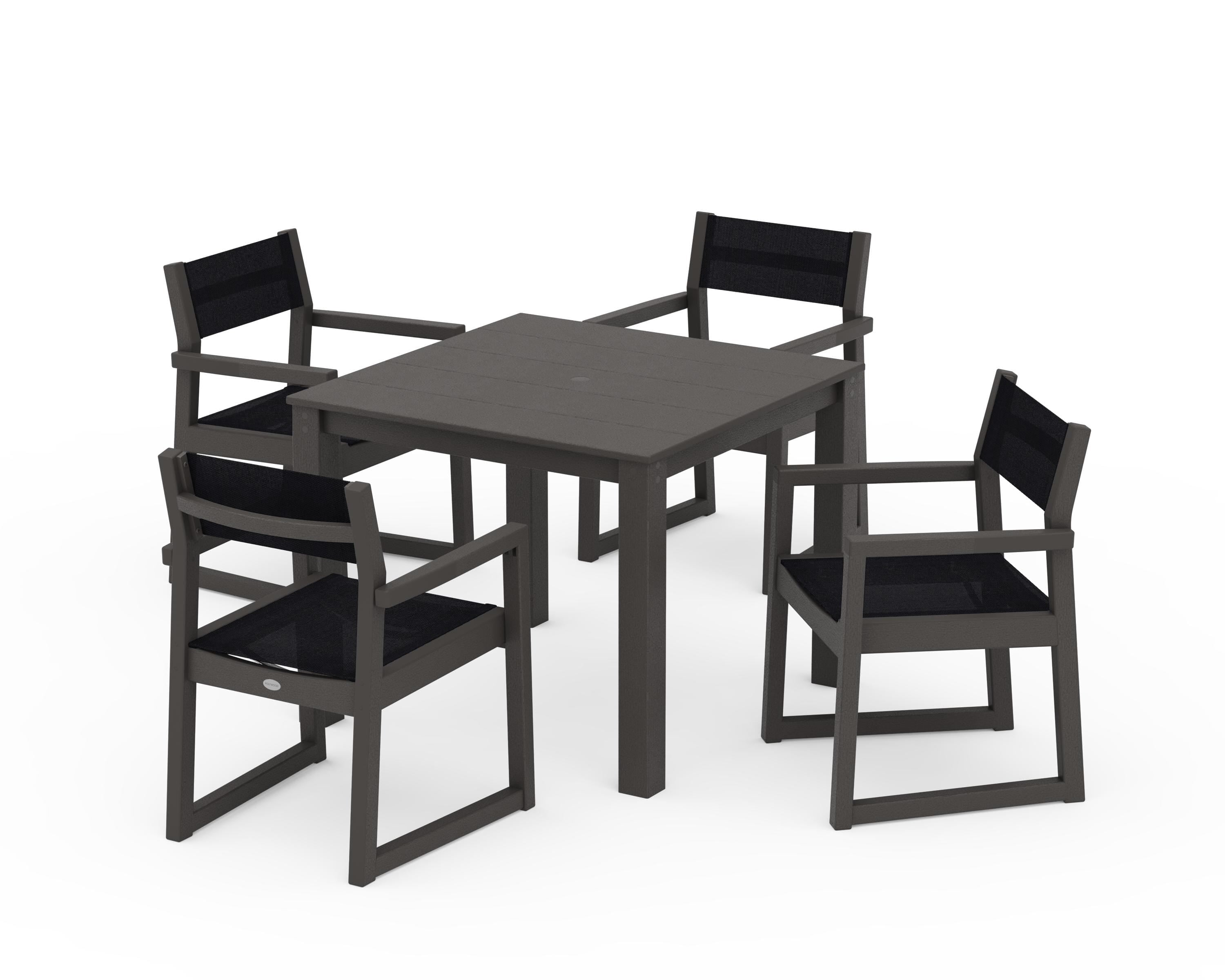 POLYWOOD EDGE Sling Arm Chair 5-Piece Parsons Dining Set in Vintage Coffee / Black Sling