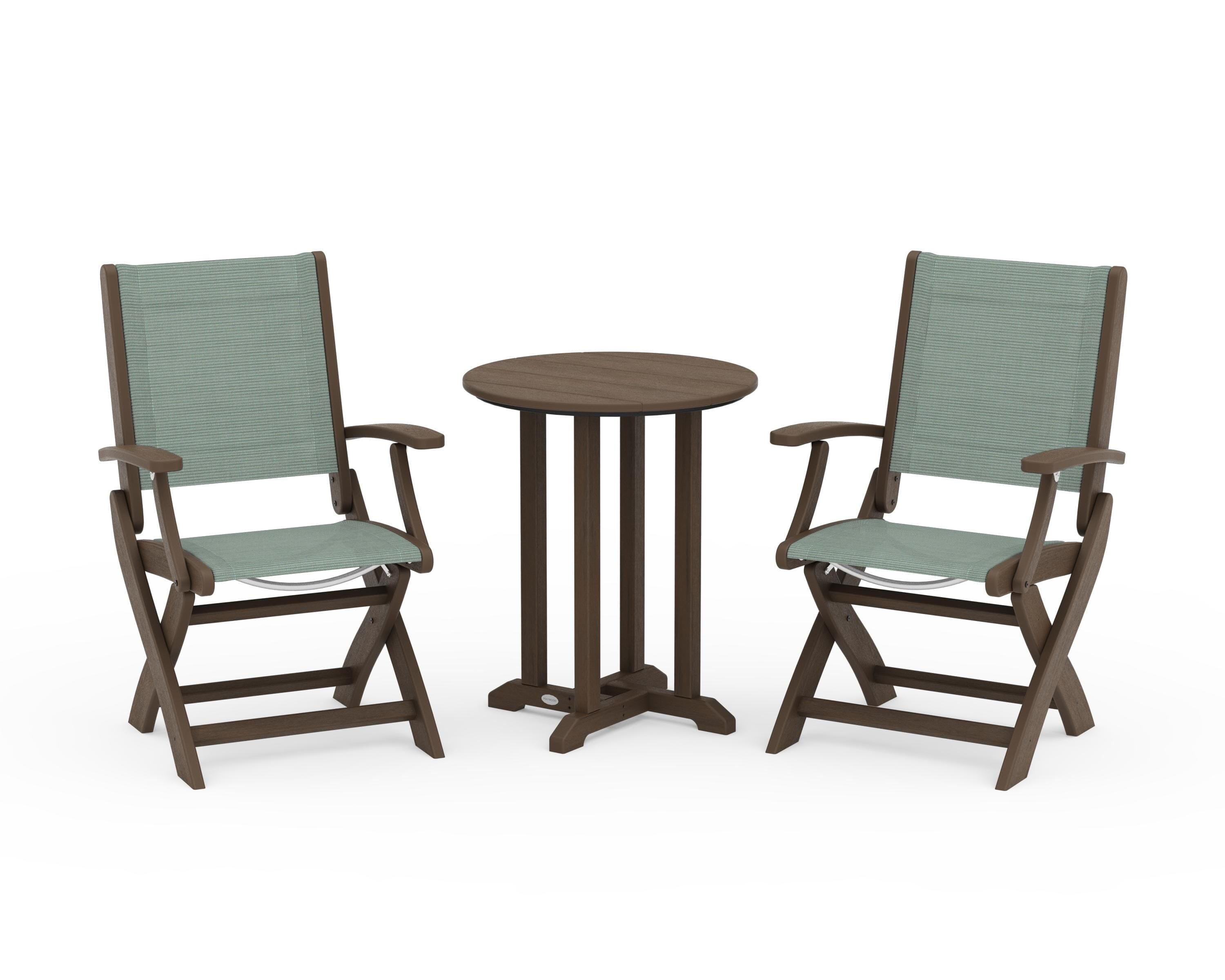POLYWOOD Coastal Folding 3-Piece Round Bistro Dining Set in Kona / Dupioni Sea Mist Sling