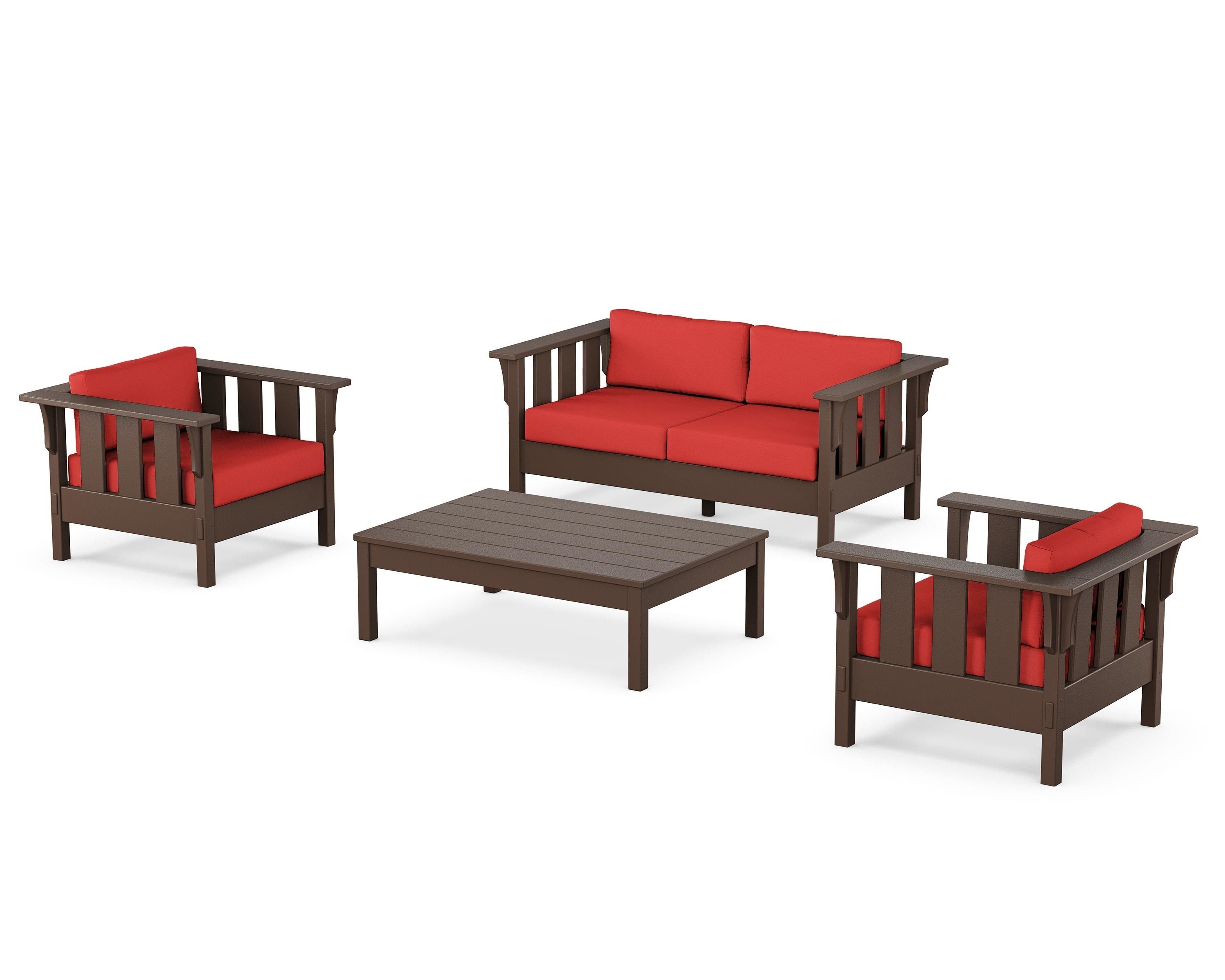 Martha Stewart by POLYWOOD Acadia 4-Piece Deep Seating Set with Loveseat in Mahogany / Crimson Linen