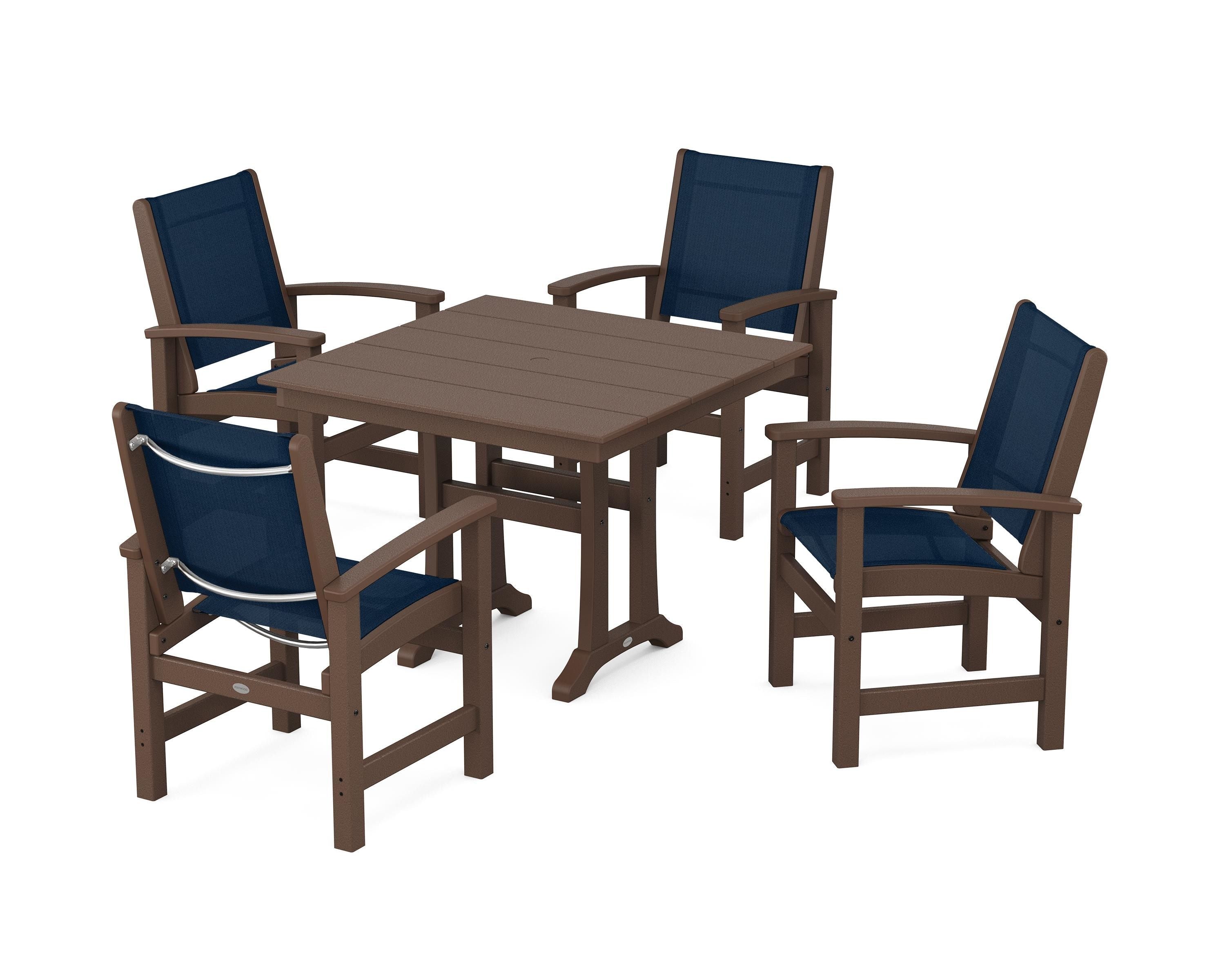 POLYWOOD Coastal 5-Piece Farmhouse Dining Set With Trestle Legs in Mahogany / Navy Blue Sling