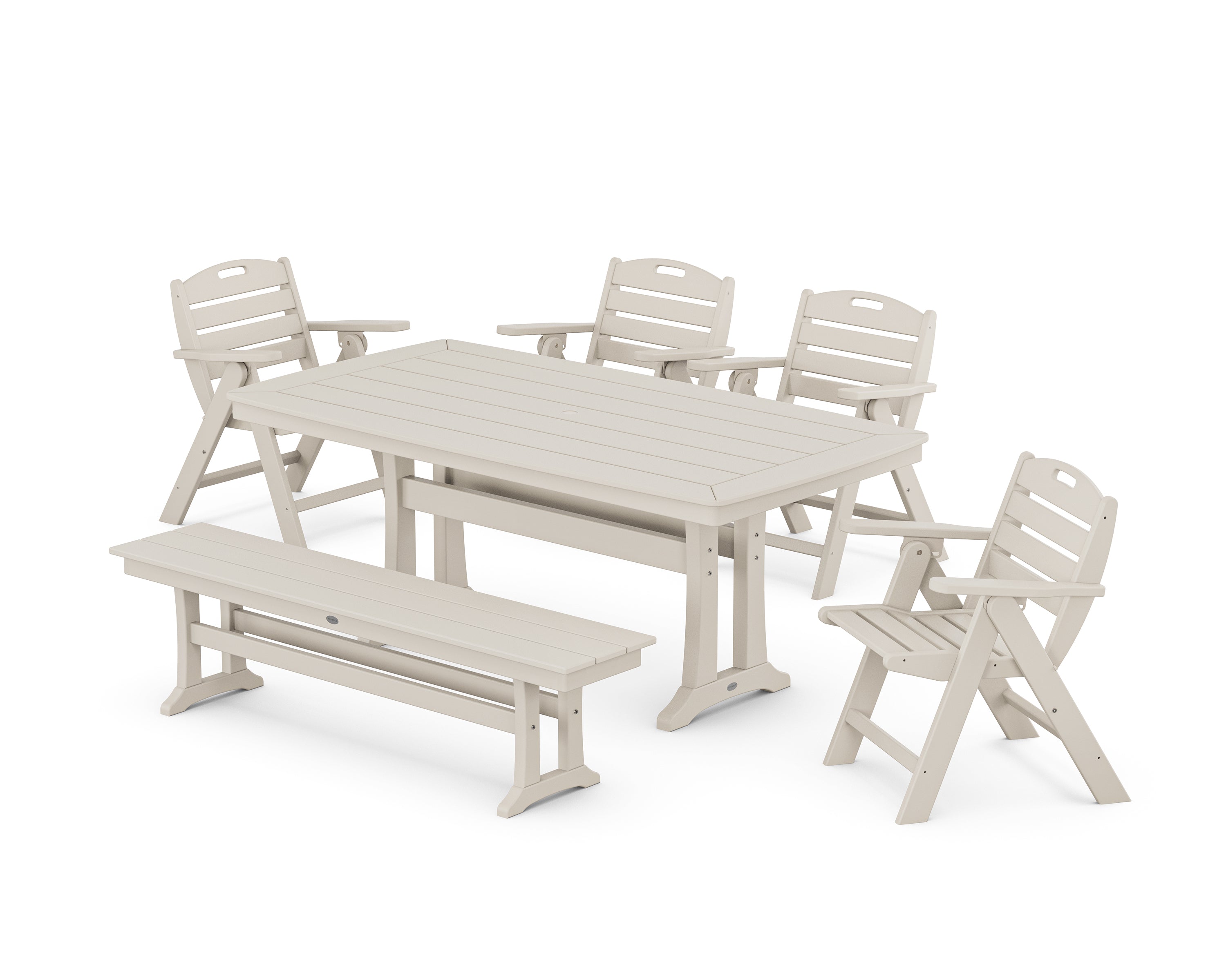 POLYWOOD Nautical Lowback 6-Piece Dining Set with Trestle Legs and Bench in Sand