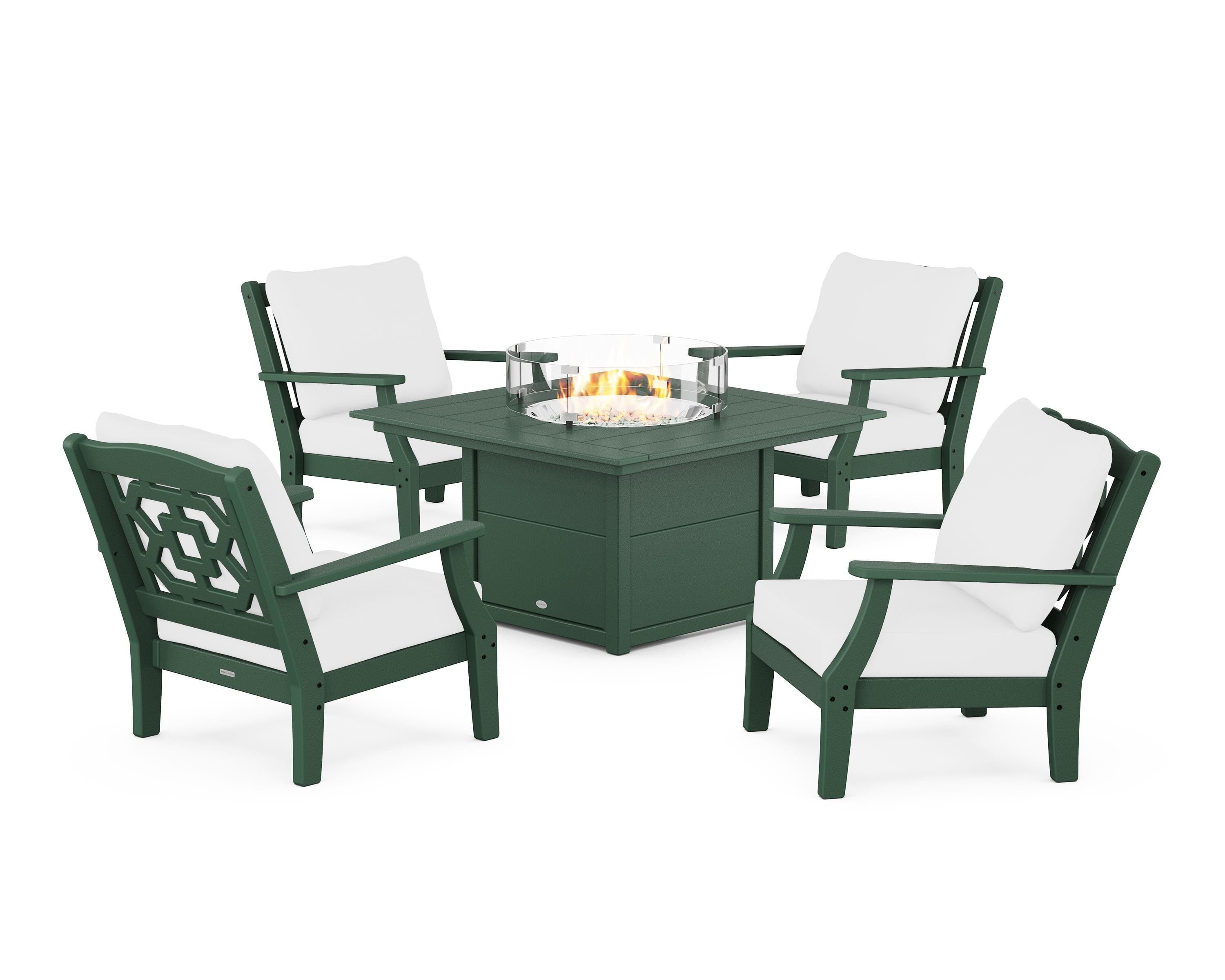 Martha Stewart by POLYWOOD Chinoiserie 5-Piece Deep Seating Set with Fire Pit Table in Green / Natural