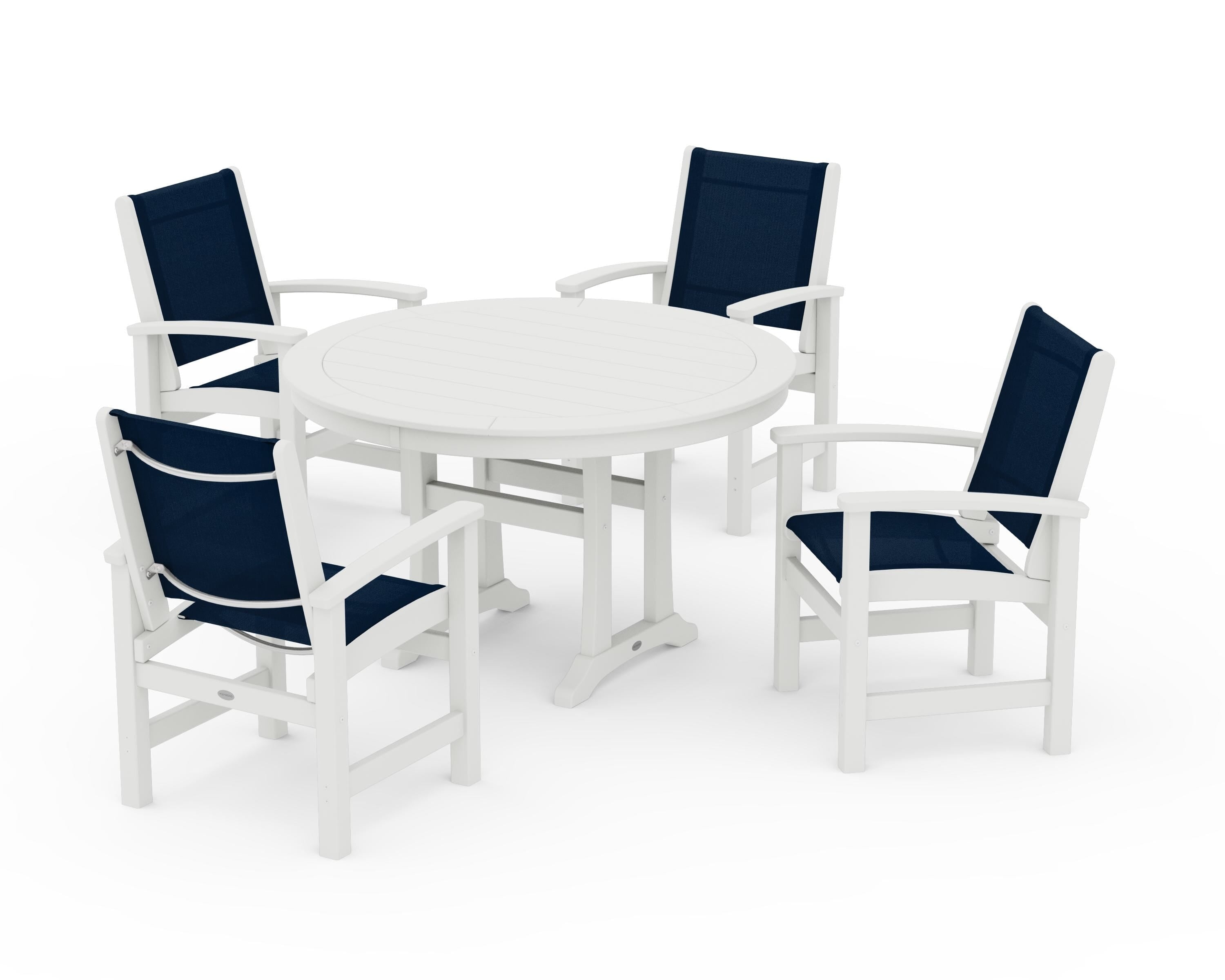 POLYWOOD Coastal 5-Piece Round Dining Set with Trestle Legs in Vintage White / Navy Blue Sling