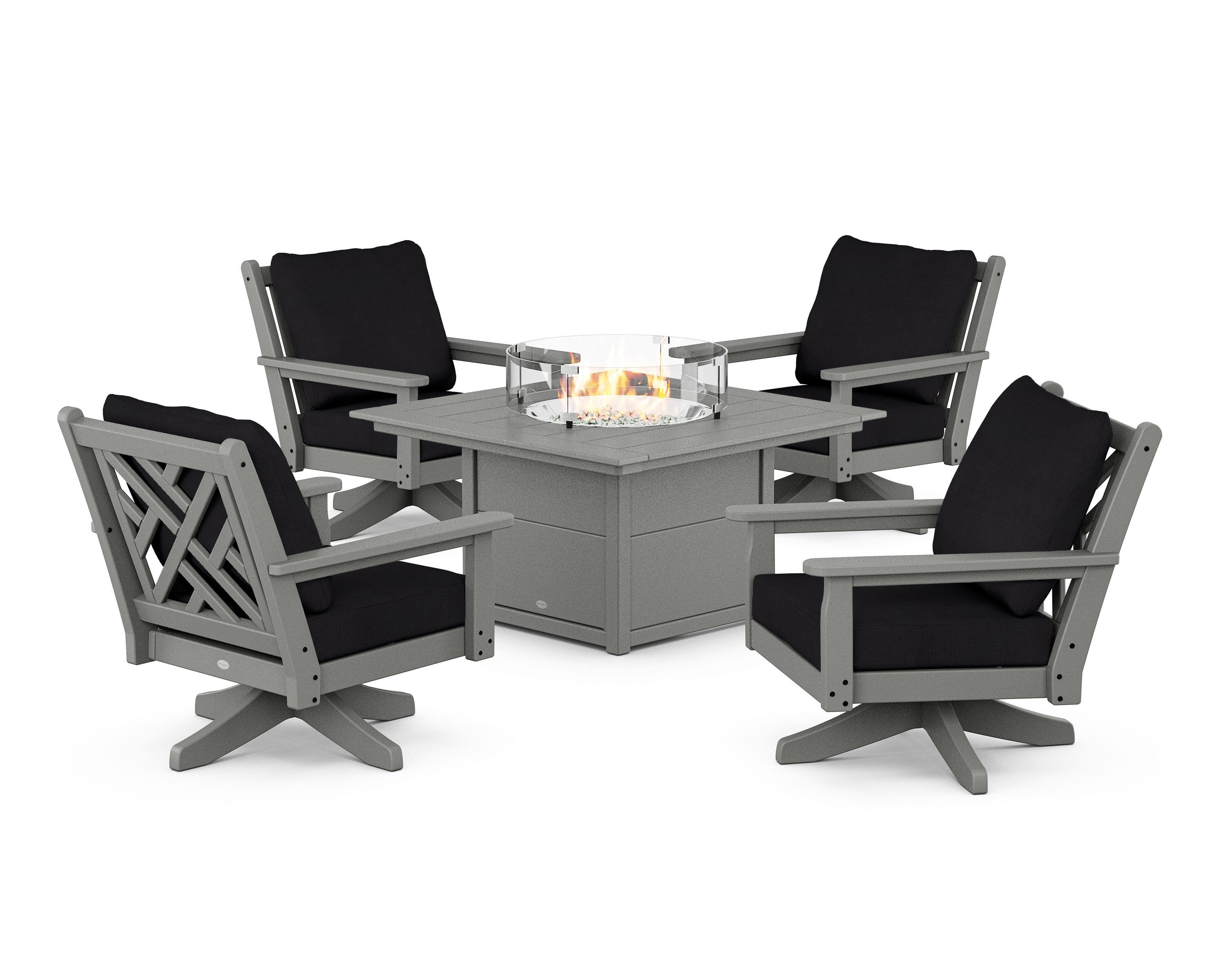 POLYWOOD Chippendale 5-Piece Deep Seating Swivel Conversation Set with Fire Pit Table in Slate Grey / Midnight Linen
