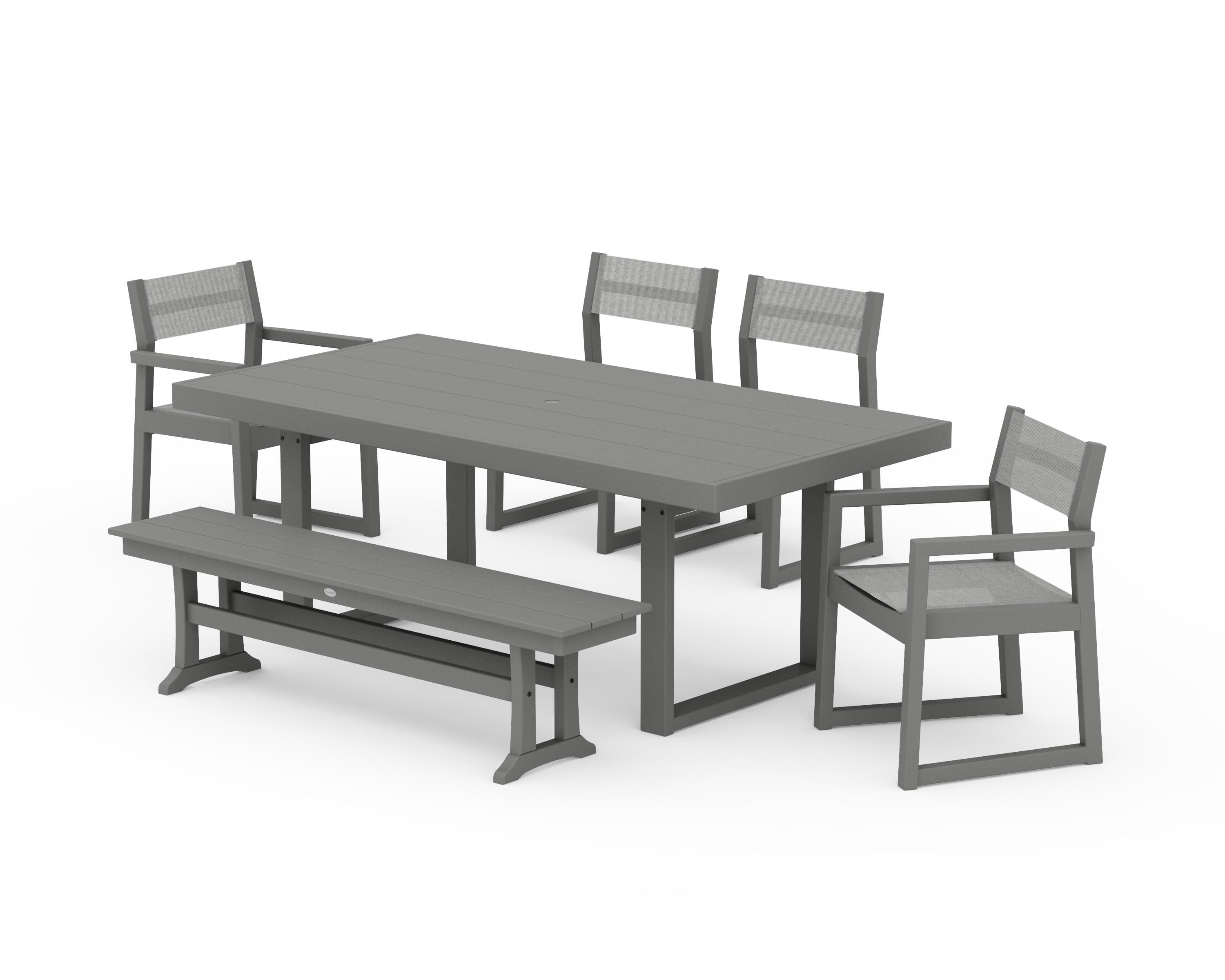 POLYWOOD EDGE Sling 6-Piece Dining Set with Bench in Slate Grey / Metallic Sling