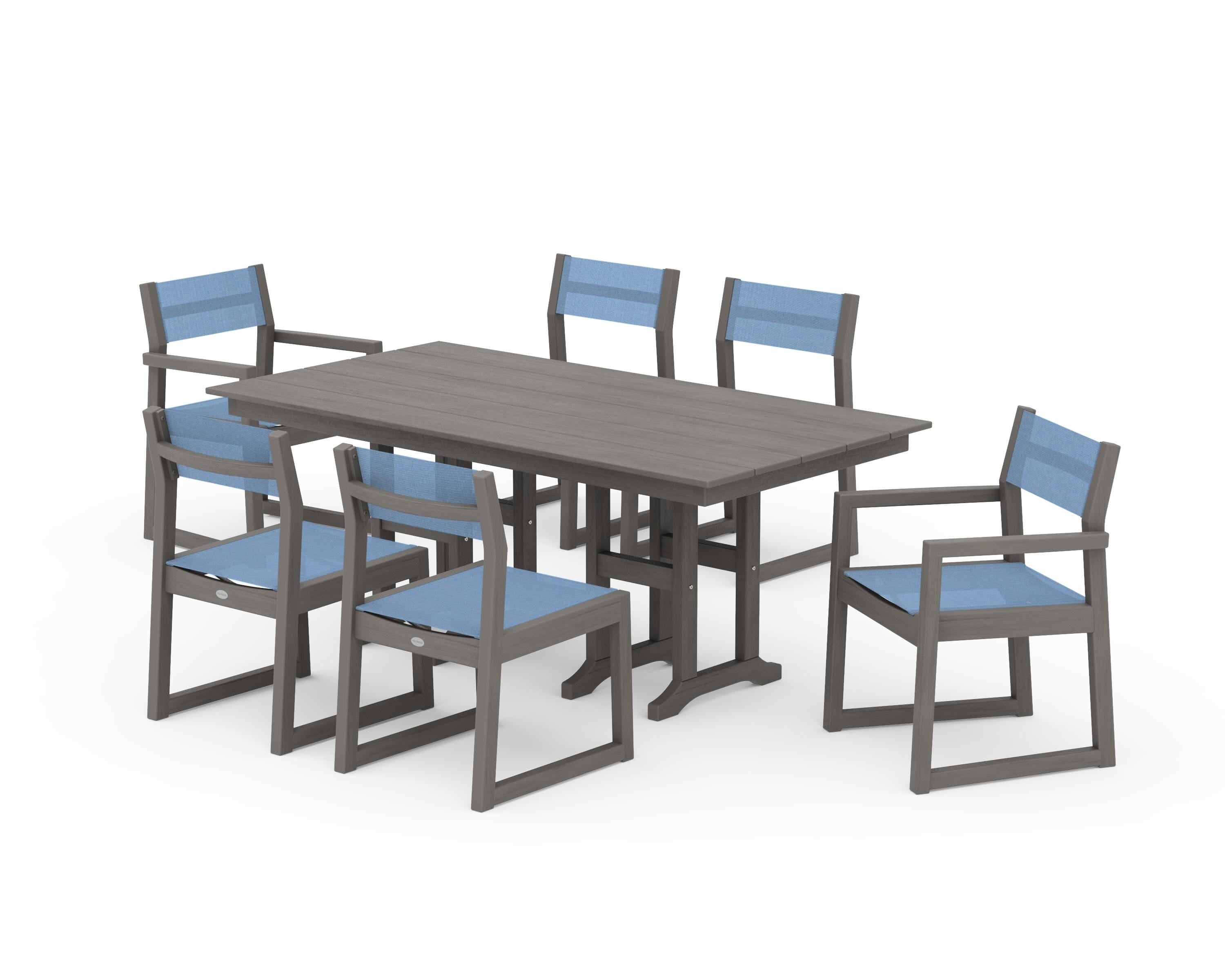 POLYWOOD EDGE Sling 7-Piece Farmhouse Dining Set in Driftwood / Poolside Sling