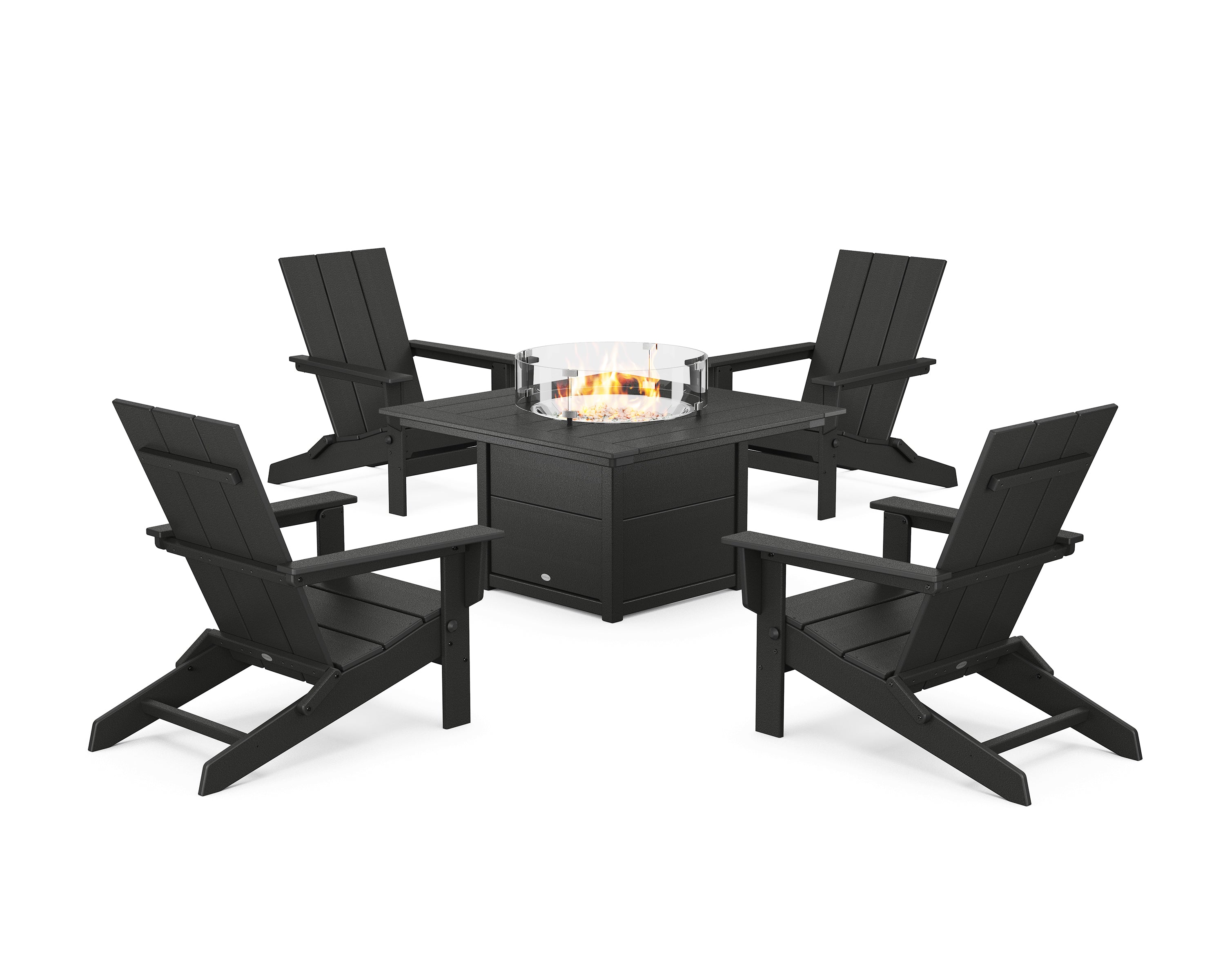 POLYWOOD® 5-Piece Modern Studio Folding Adirondack Conversation Set with Fire Pit Table in Black