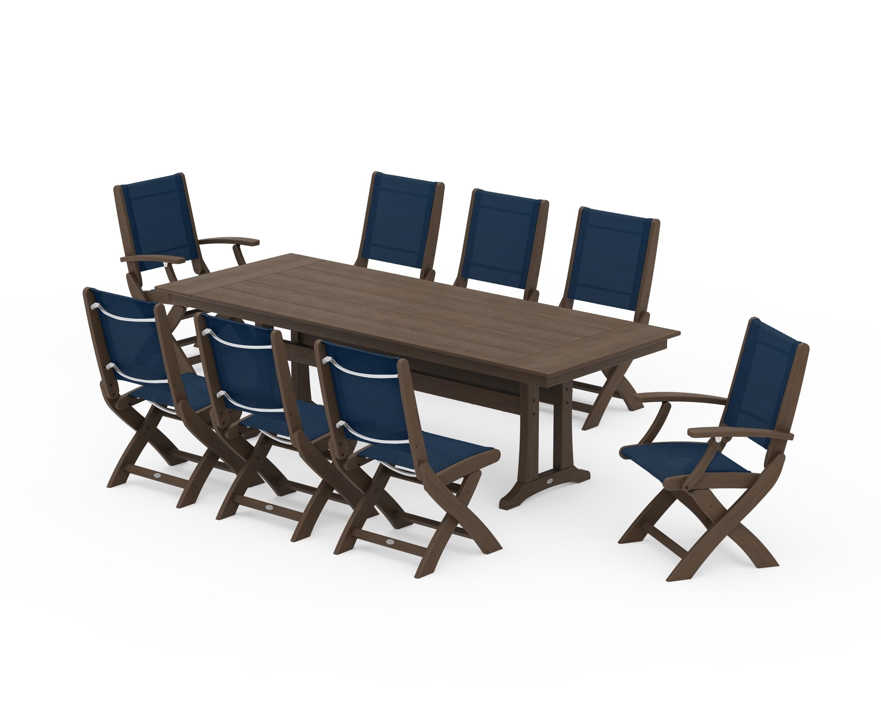 POLYWOOD Coastal 9-Piece Folding Dining Chair Farmhouse Dining Set with Trestle Legs in Kona / Navy Blue Sling