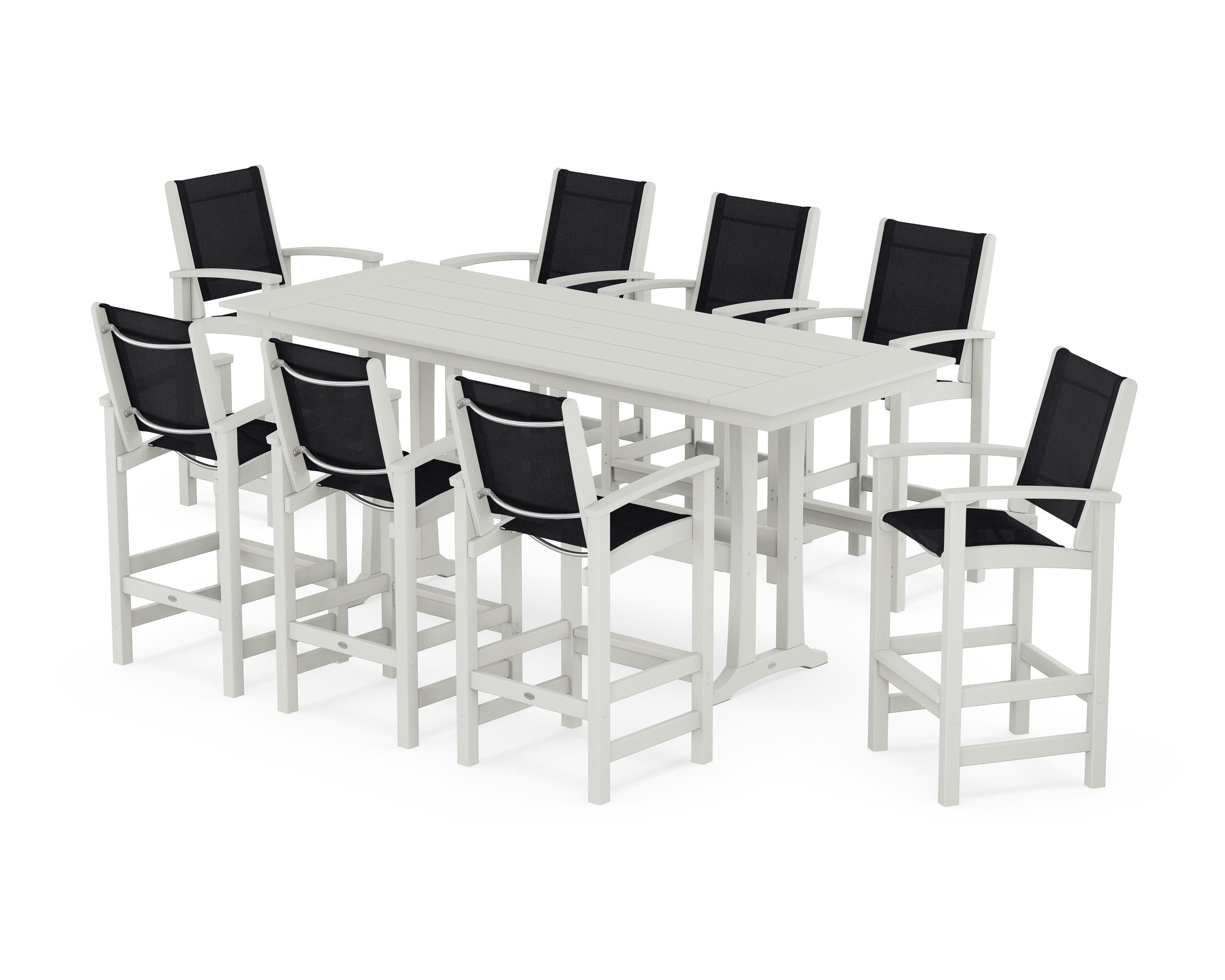 POLYWOOD Coastal 9-Piece Farmhouse Bar Set with Trestle Legs in Vintage White / Black Sling