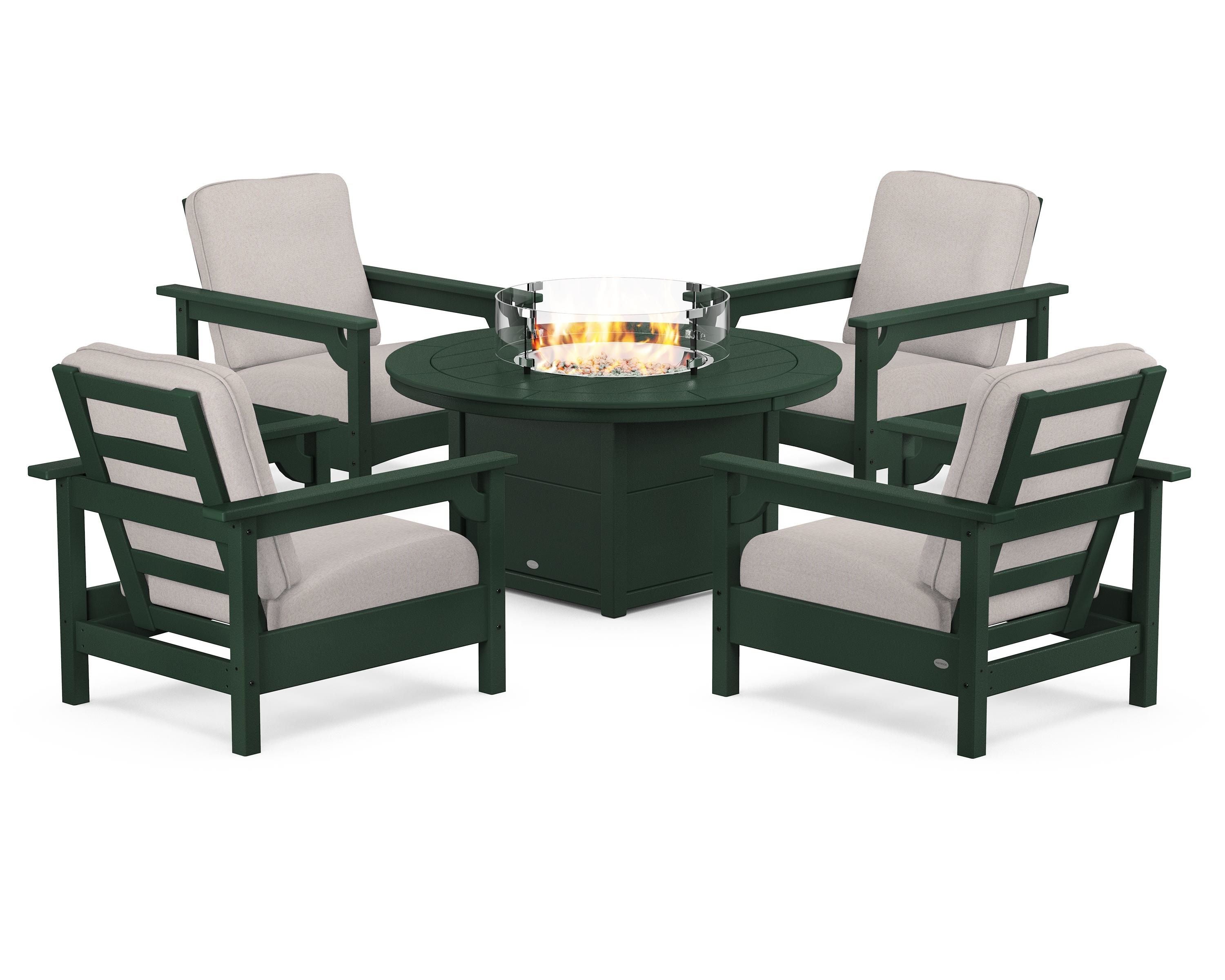 POLYWOOD Club 5-Piece Conversation Set with Fire Pit Table in Green / Dune Burlap