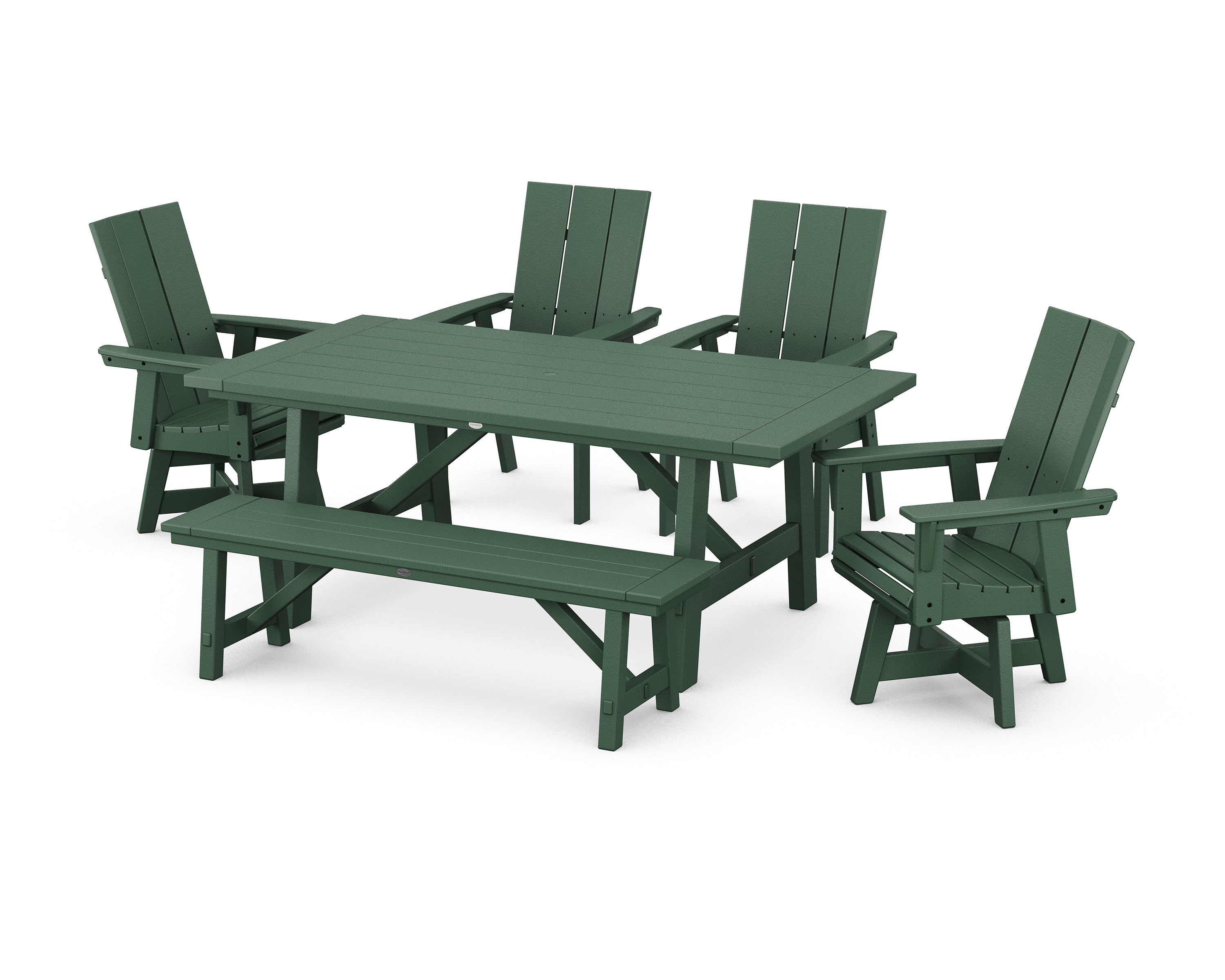 POLYWOOD® Modern Curveback Adirondack Swivel Chair 6-Piece Rustic Farmhouse Dining Set with Bench in Green