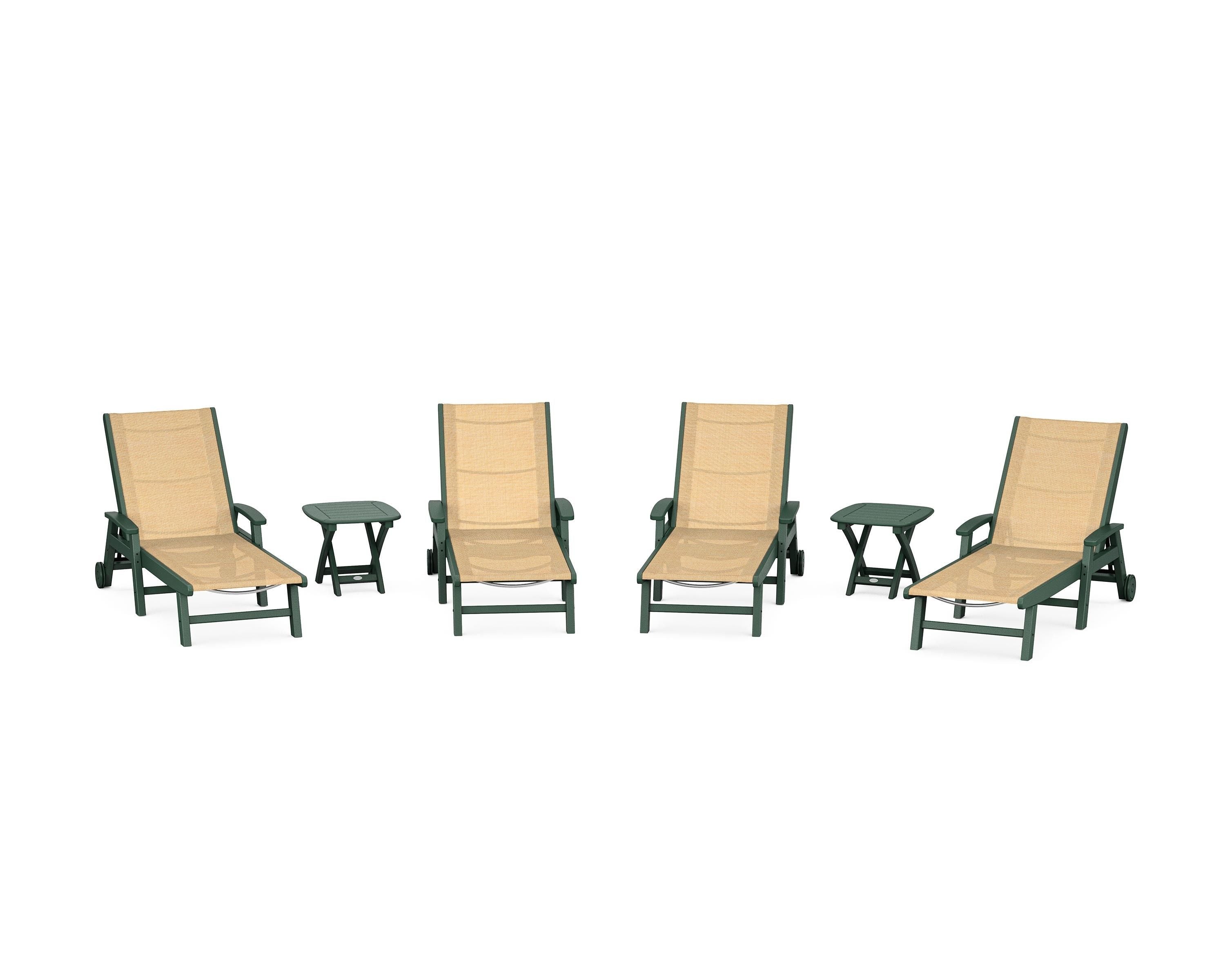 POLYWOOD Coastal Chaise 6-Piece Set with Wheels in Green / Dupioni Apricot Sling