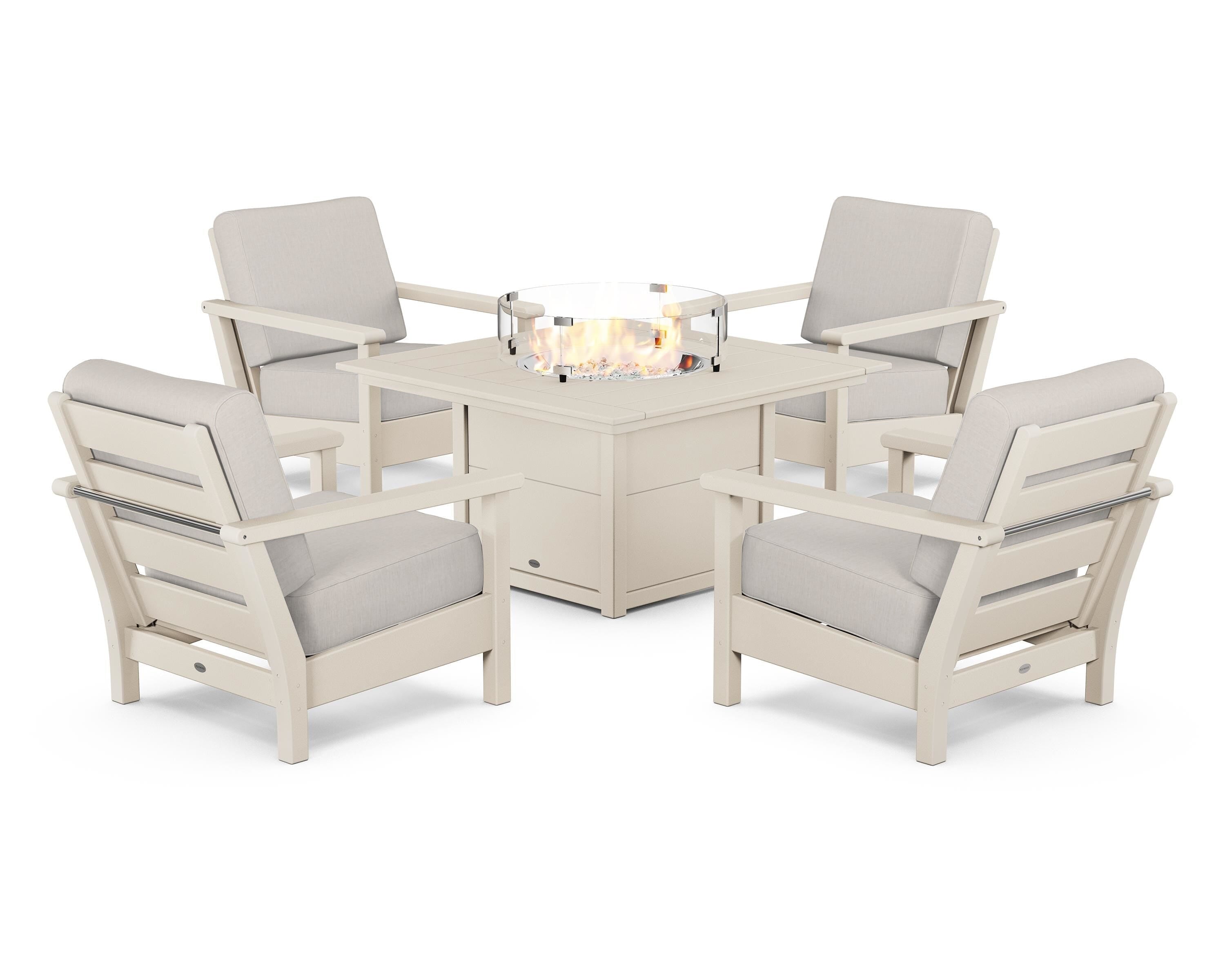 POLYWOOD Harbour 5-Piece Conversation Set with Fire Pit Table in Sand / Cast Ash
