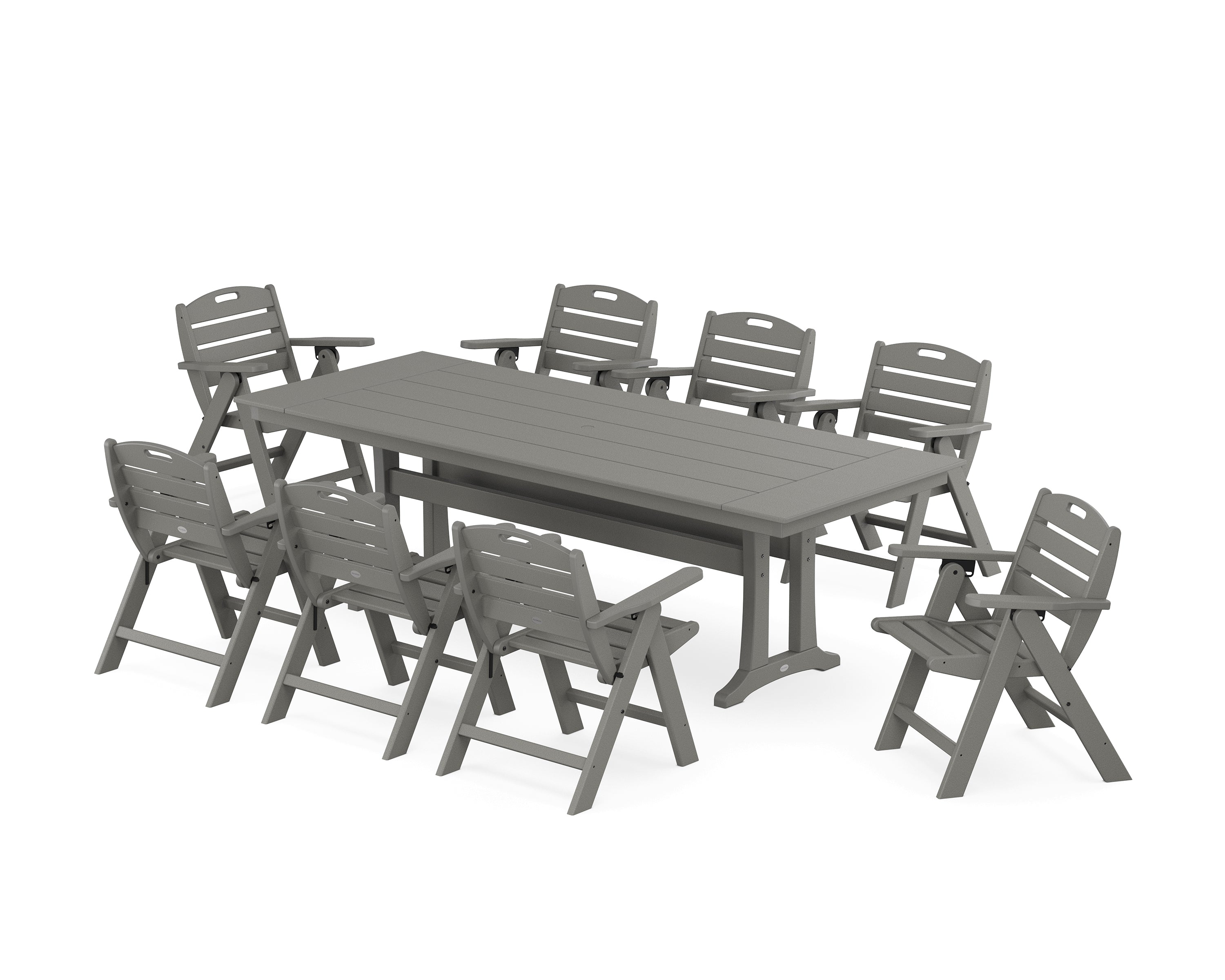 POLYWOOD® Nautical Lowback 9-Piece Farmhouse Dining Set with Trestle Legs in Slate Grey