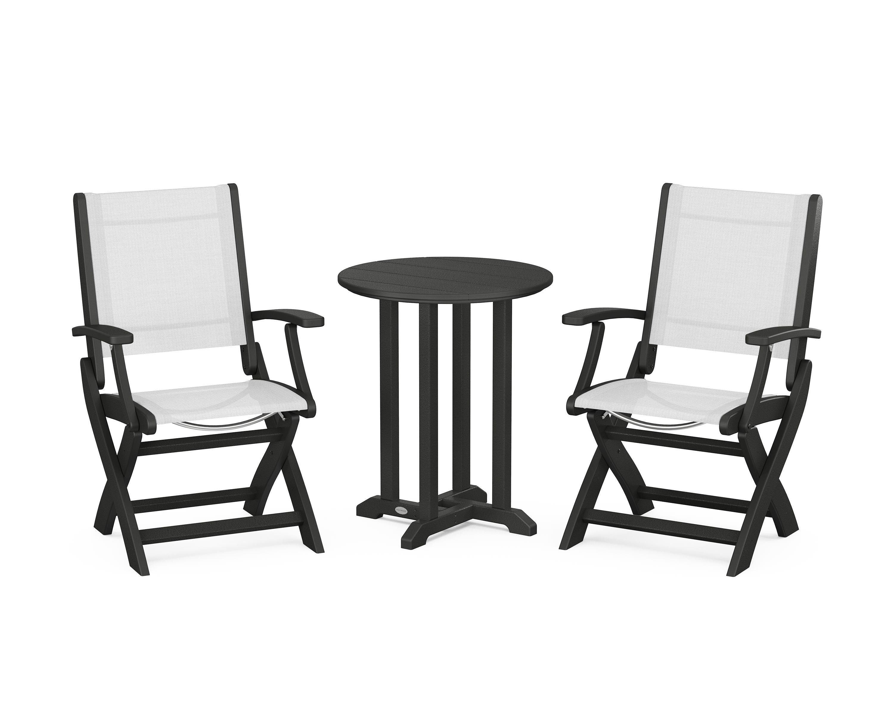 POLYWOOD Coastal Folding 3-Piece Round Bistro Dining Set in Black / White Sling
