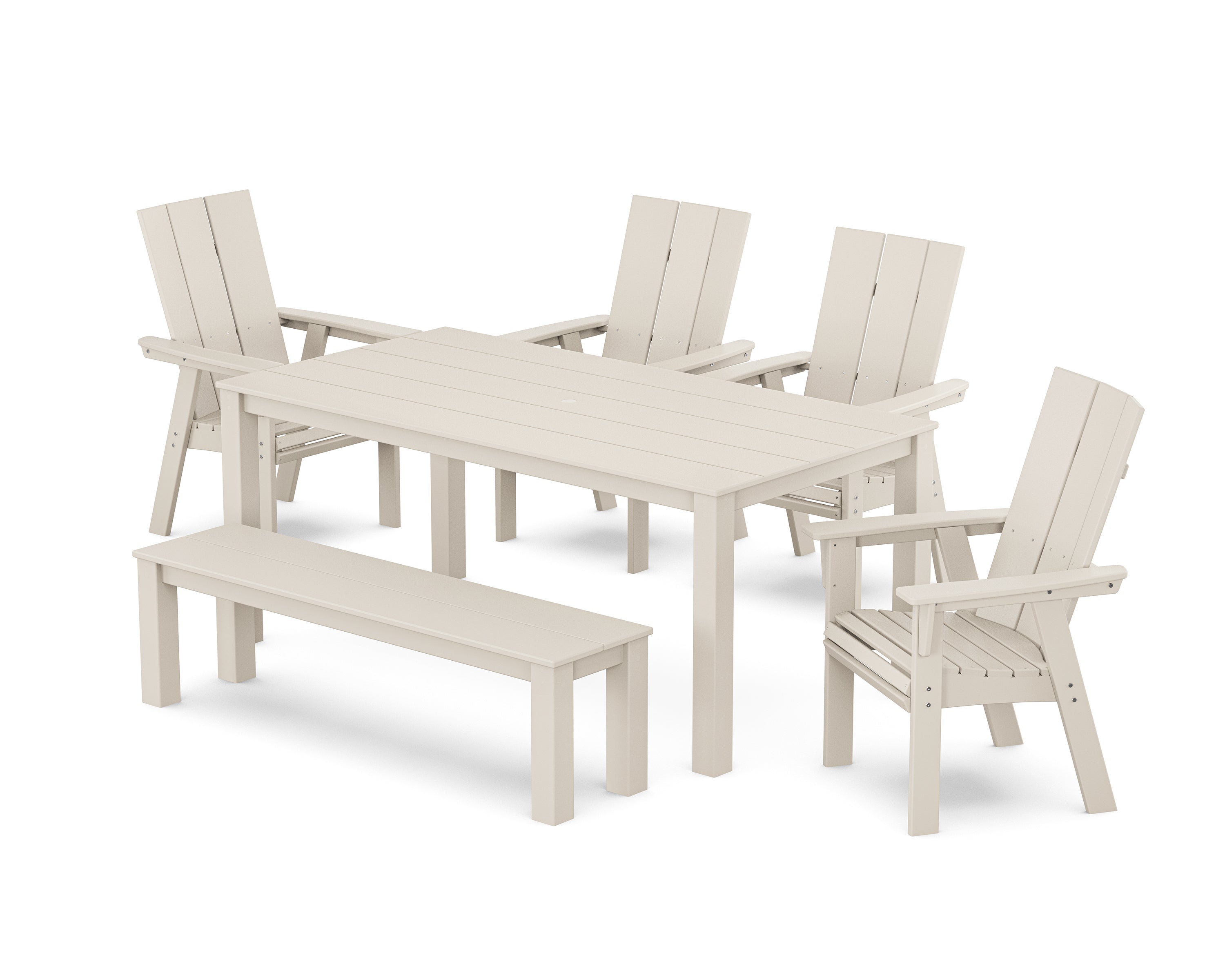 POLYWOOD® Modern Curveback Adirondack 6-Piece Parsons Dining Set with Bench in Sand