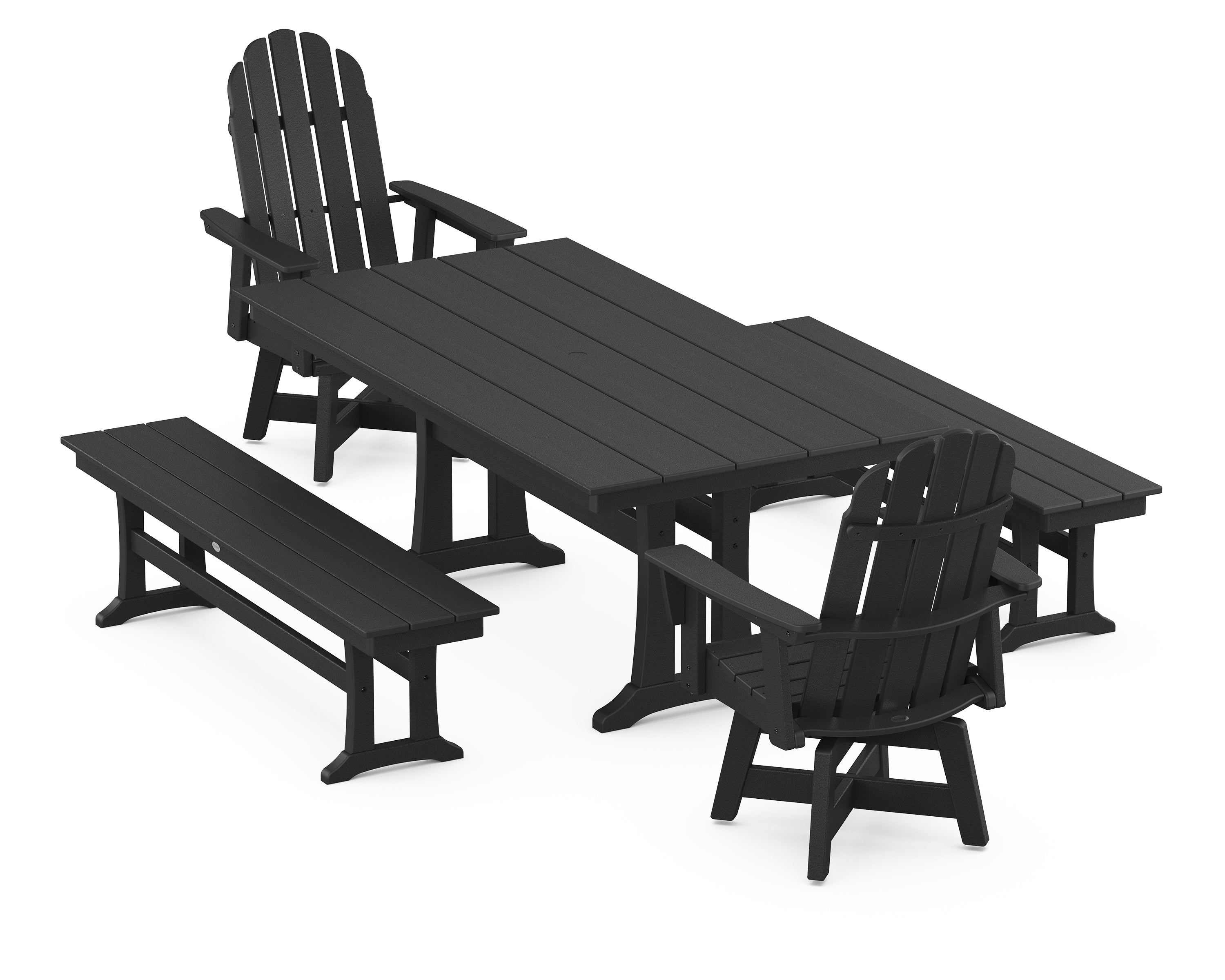 POLYWOOD® Vineyard Curveback Adirondack Swivel Chair 5-Piece Farmhouse Dining Set With Trestle Legs and Benches in Black