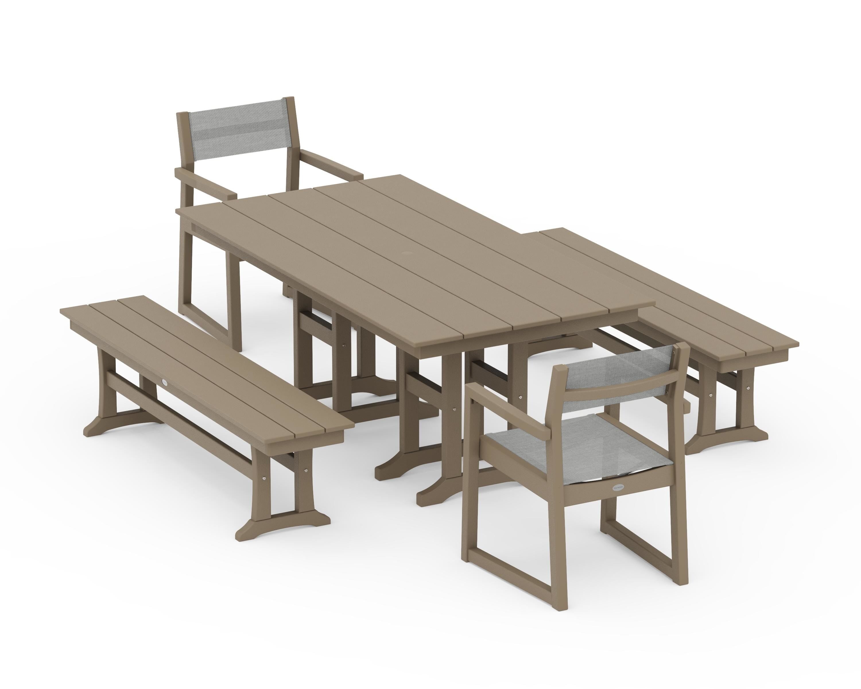 POLYWOOD EDGE Sling Arm Chair 5-Piece Farmhouse Dining Set with Benches in Vintage Sahara / Metallic Sling