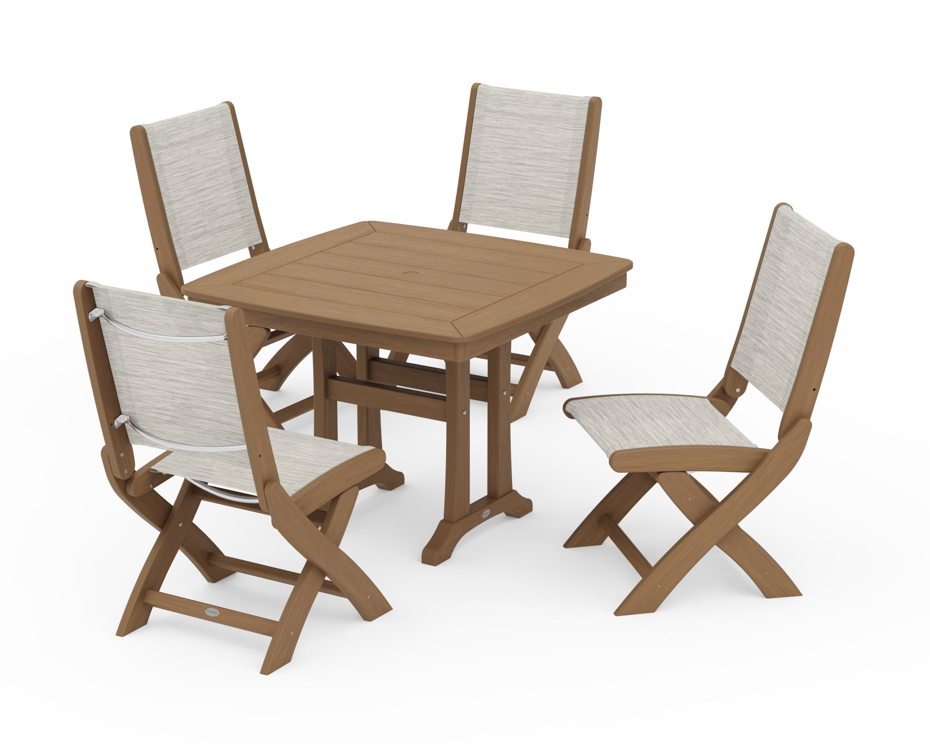 POLYWOOD Coastal Folding Side Chair 5-Piece Dining Set with Trestle Legs in Natural / Birch Sling