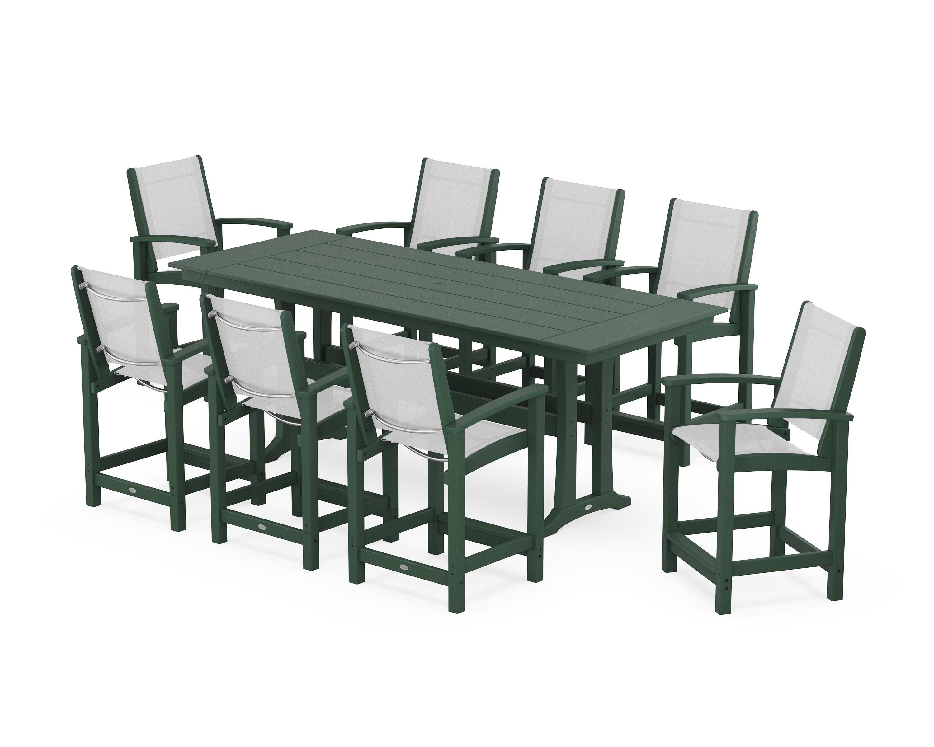 POLYWOOD Coastal 9-Piece Farmhouse Counter Set with Trestle Legs in Green / White Sling