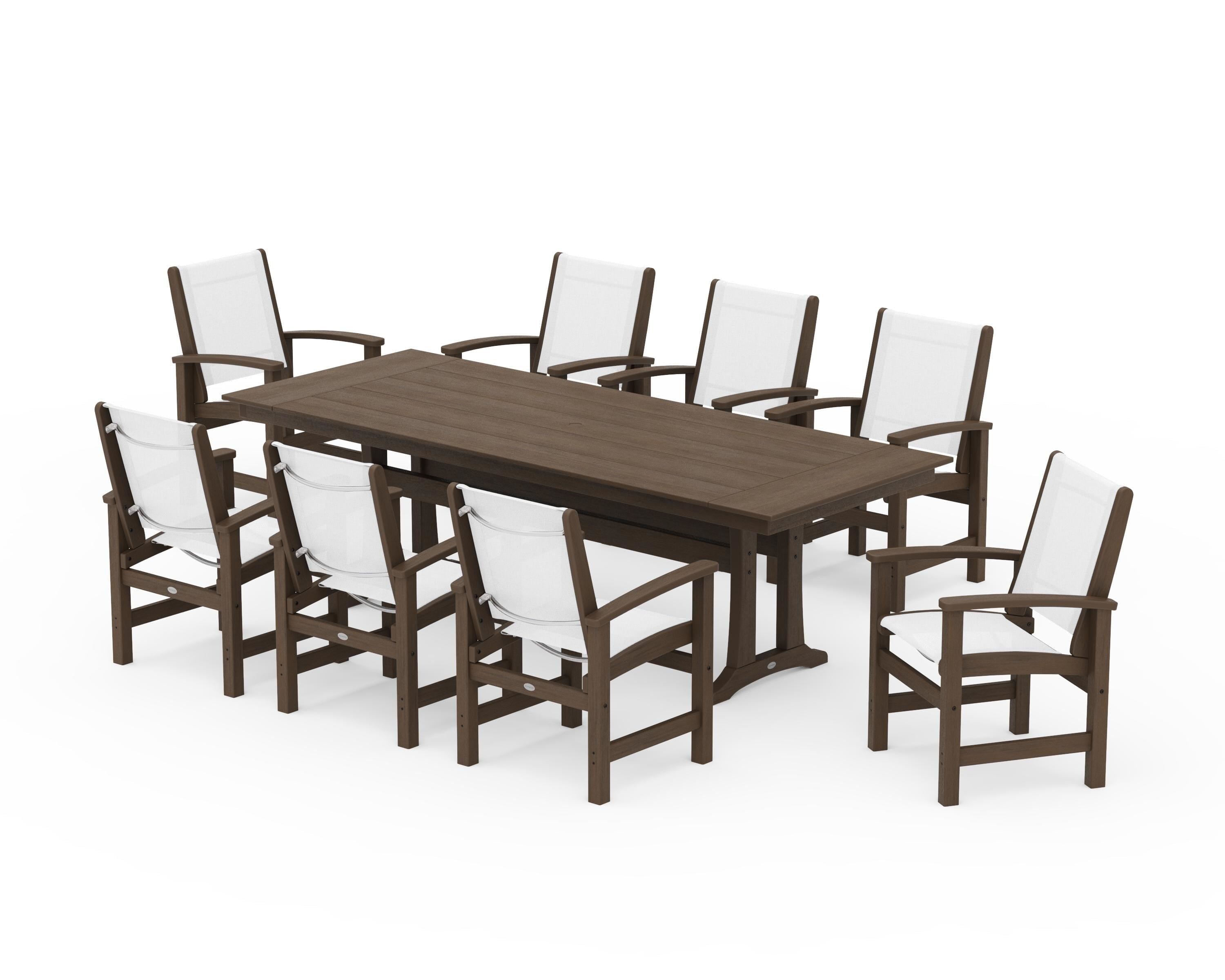 POLYWOOD Coastal 9-Piece Farmhouse Dining Set with Trestle Legs in Kona / White Sling