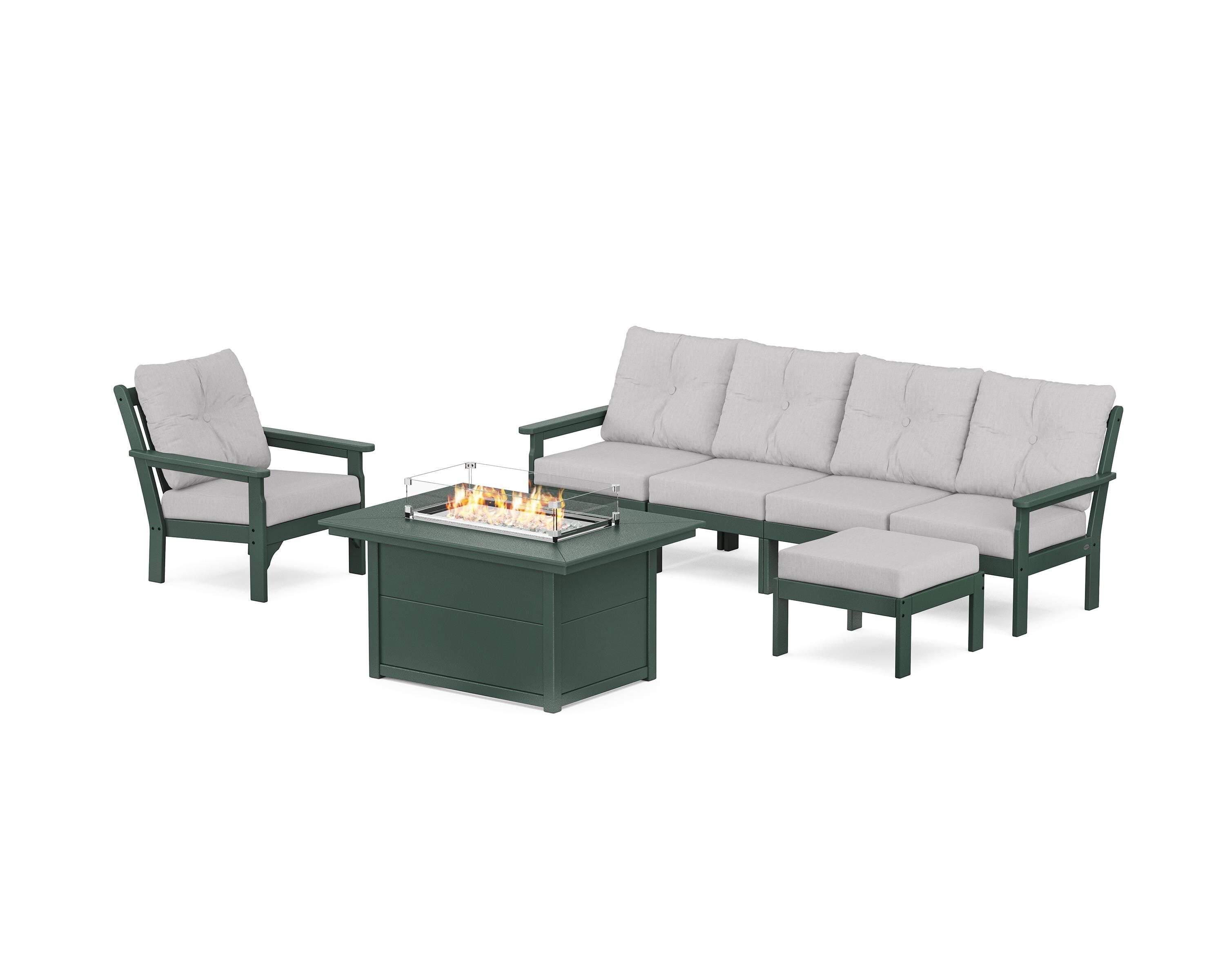 POLYWOOD Vineyard Sectional Lounge and Fire Pit Set in Green / Granite