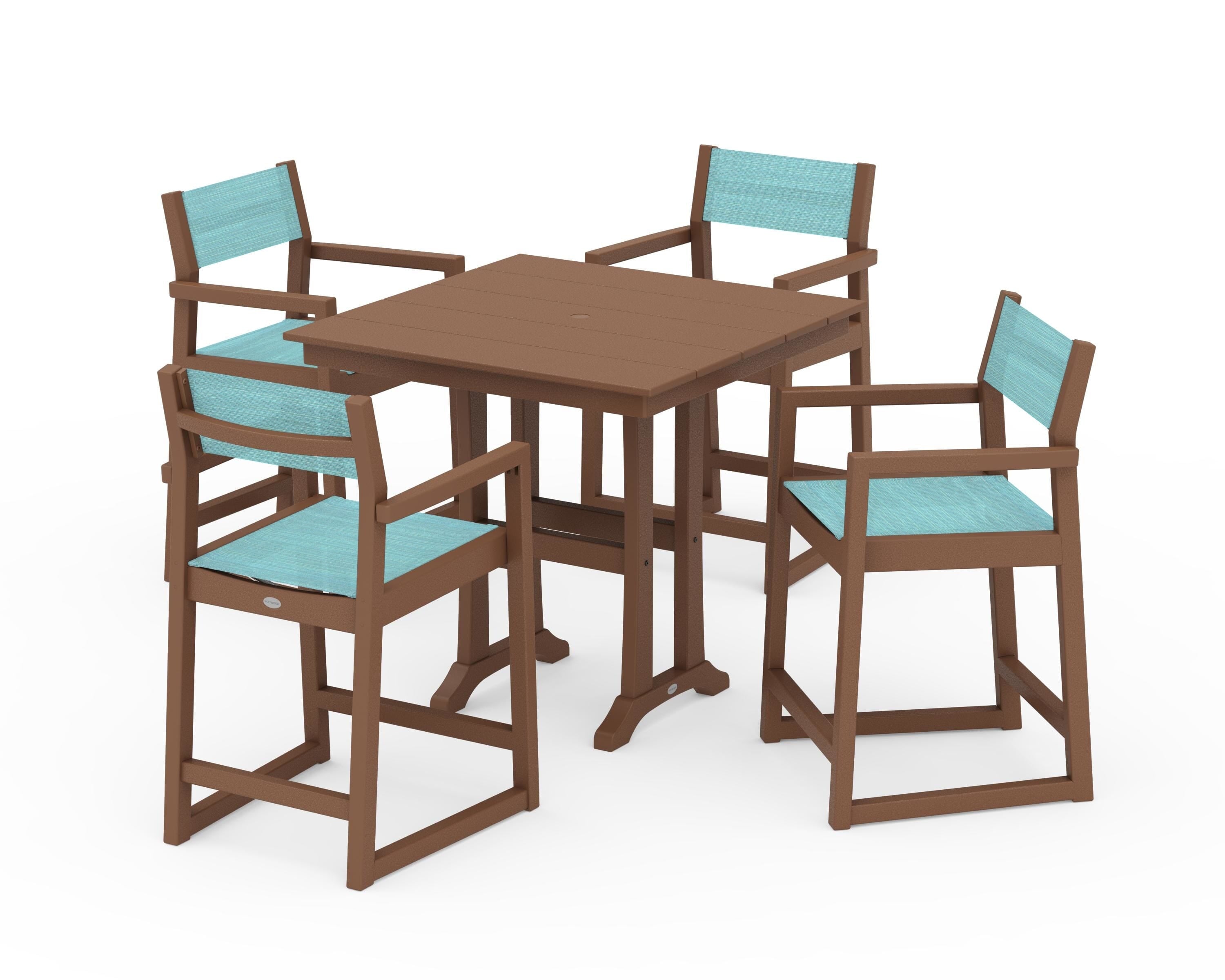 POLYWOOD EDGE Sling Arm Chair 5-Piece Farmhouse Counter Set with Trestle Legs in Teak / Dupioni Aquamarine Sling