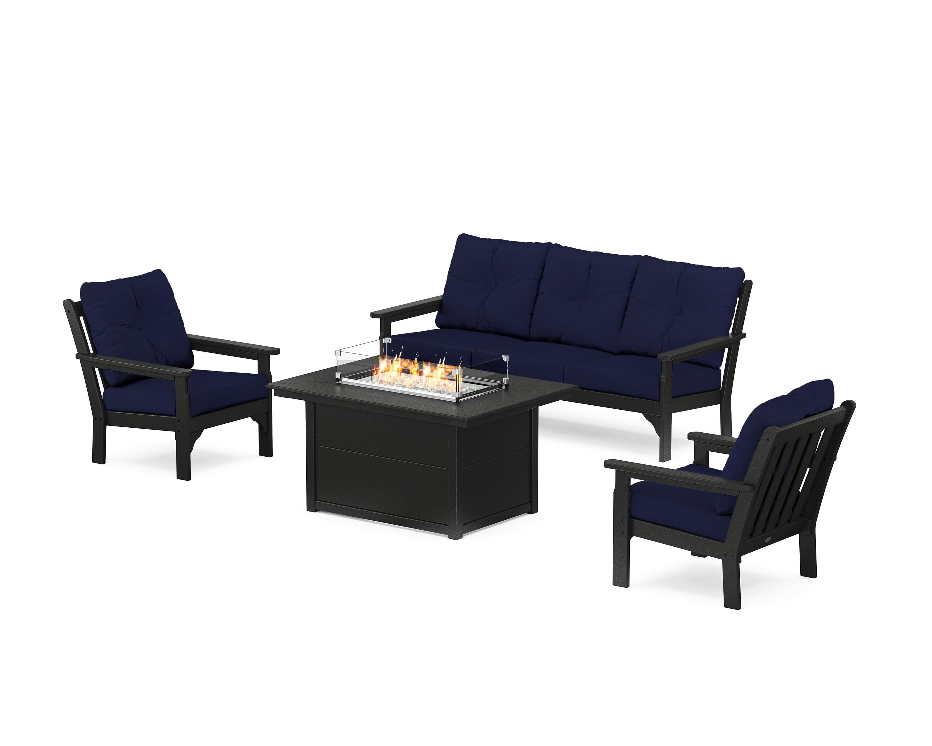 POLYWOOD Vineyard Deep Seating Fire Pit Table Set in Black / Navy