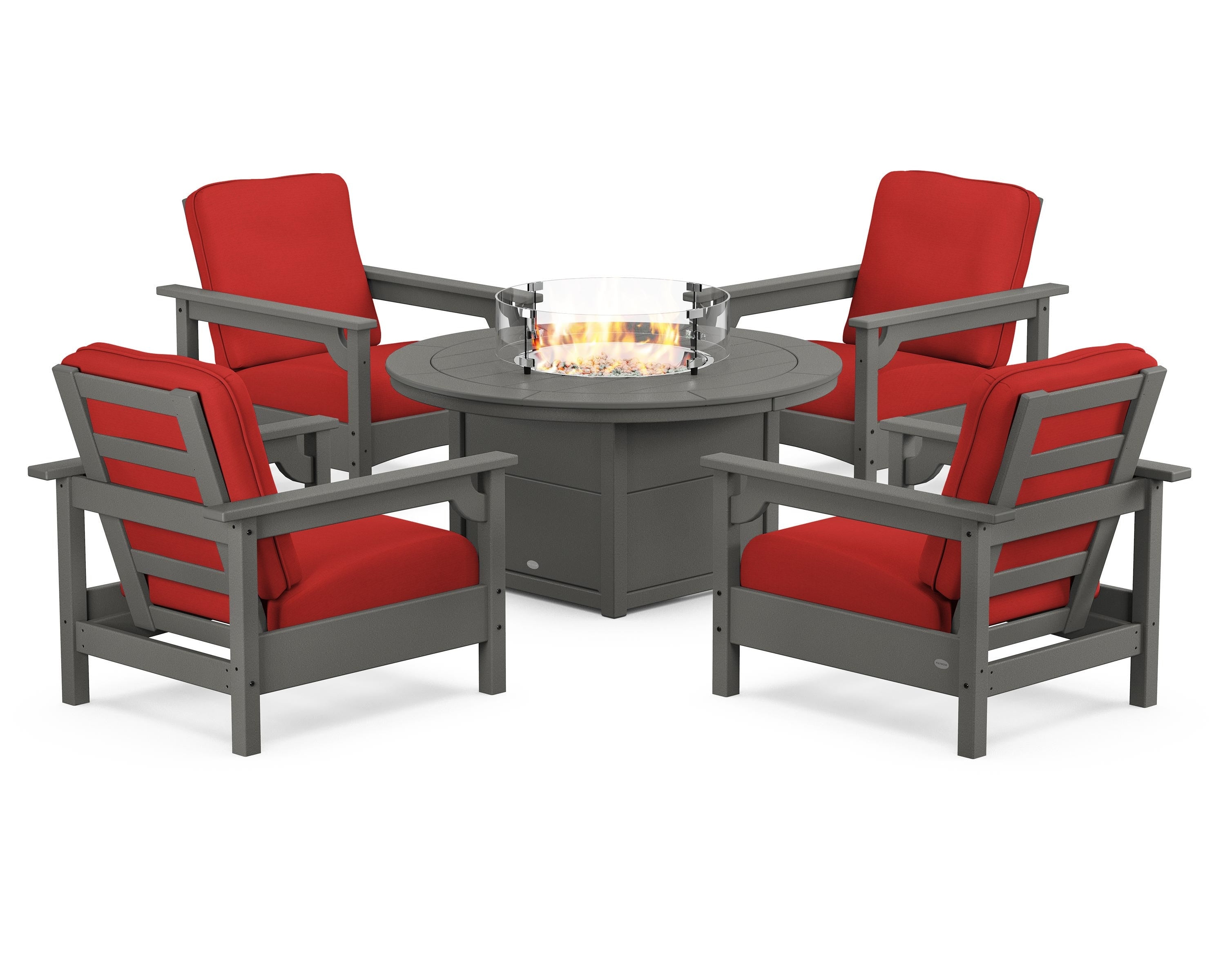 POLYWOOD Club 5-Piece Conversation Set with Fire Pit Table in Slate Grey / Crimson Linen