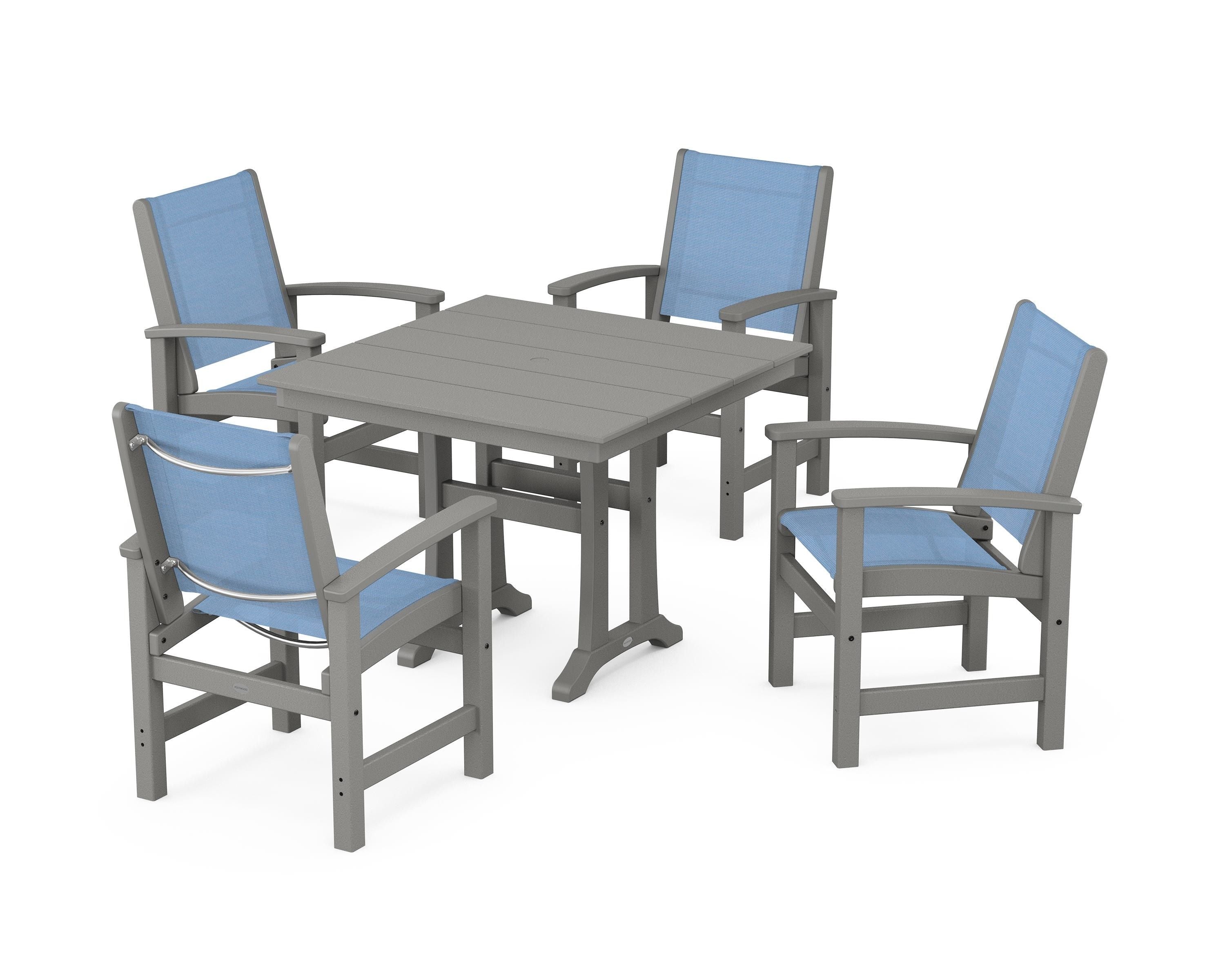 POLYWOOD Coastal 5-Piece Farmhouse Dining Set With Trestle Legs in Slate Grey / Poolside Sling