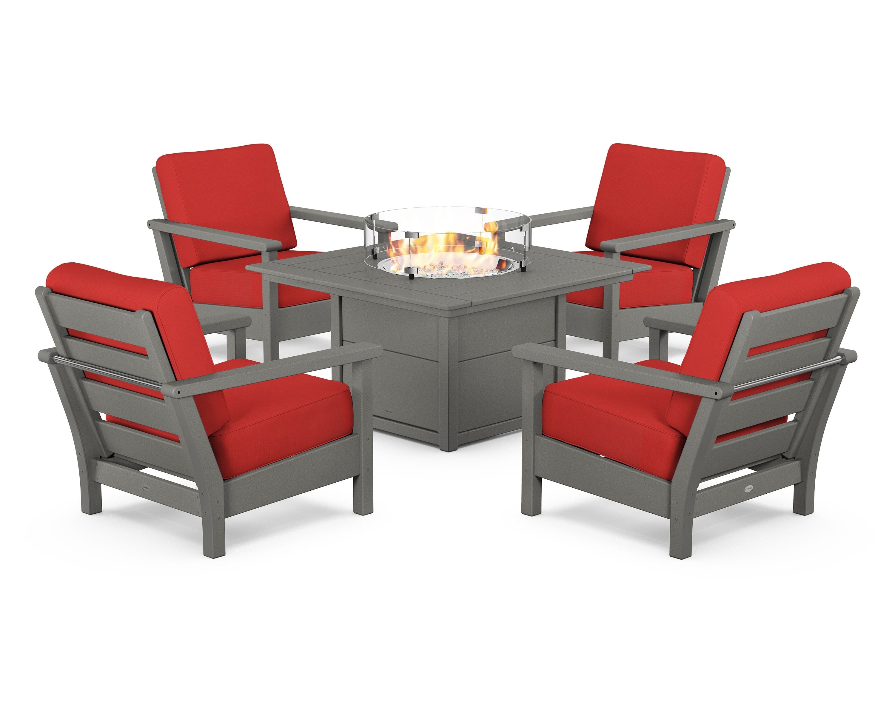 POLYWOOD Harbour 5-Piece Conversation Set with Fire Pit Table in Slate Grey / Crimson Linen