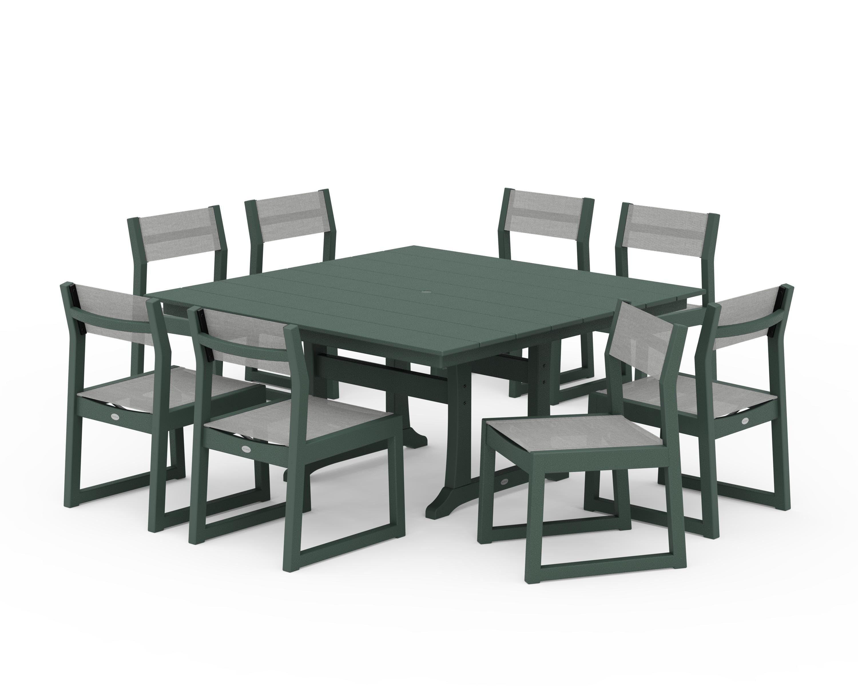 POLYWOOD EDGE Sling Side Chair 9-Piece Farmhouse Trestle Dining Set in Green / Metallic Sling