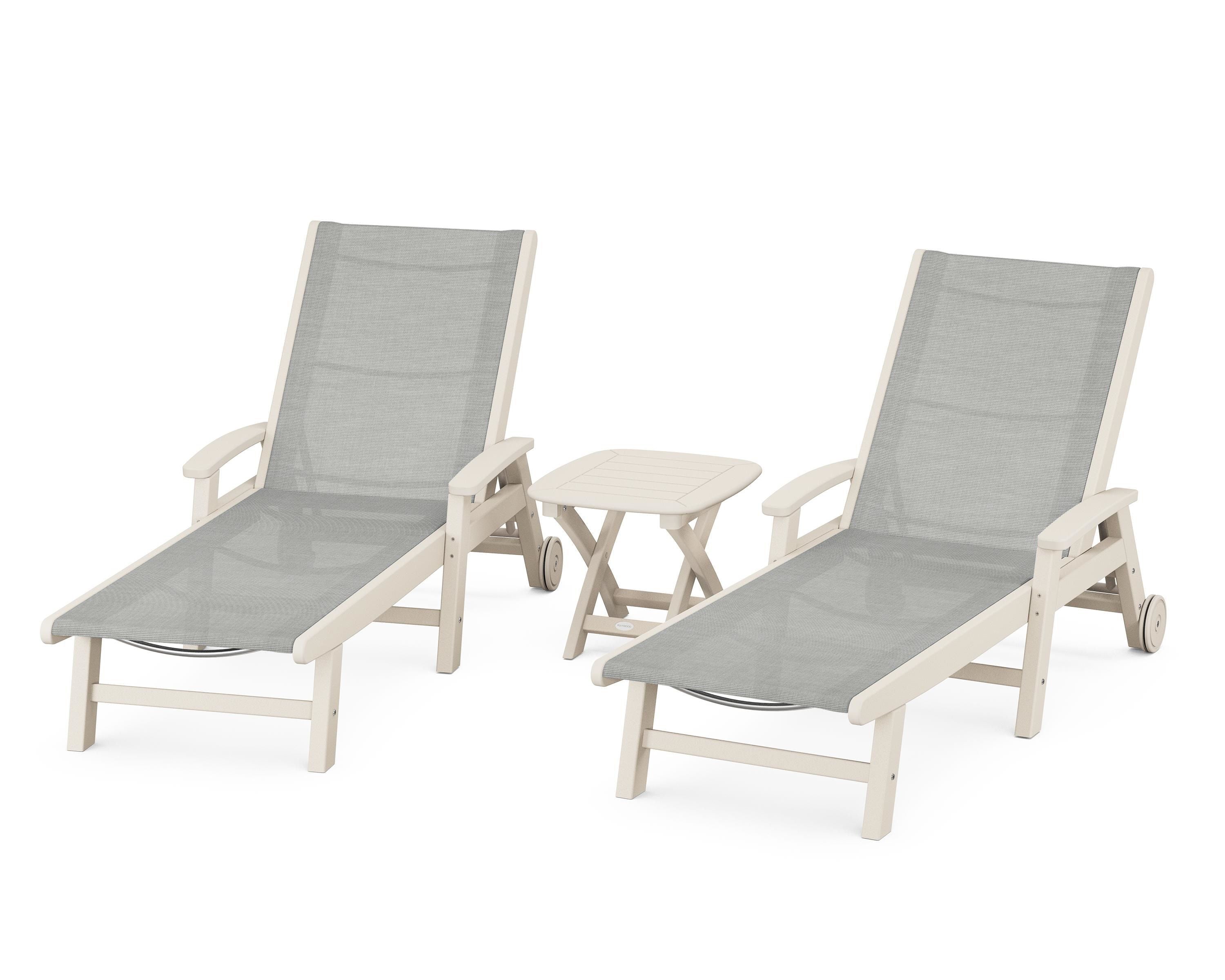 POLYWOOD Coastal 3-Piece Wheeled Chaise Set in Sand / Metallic Sling
