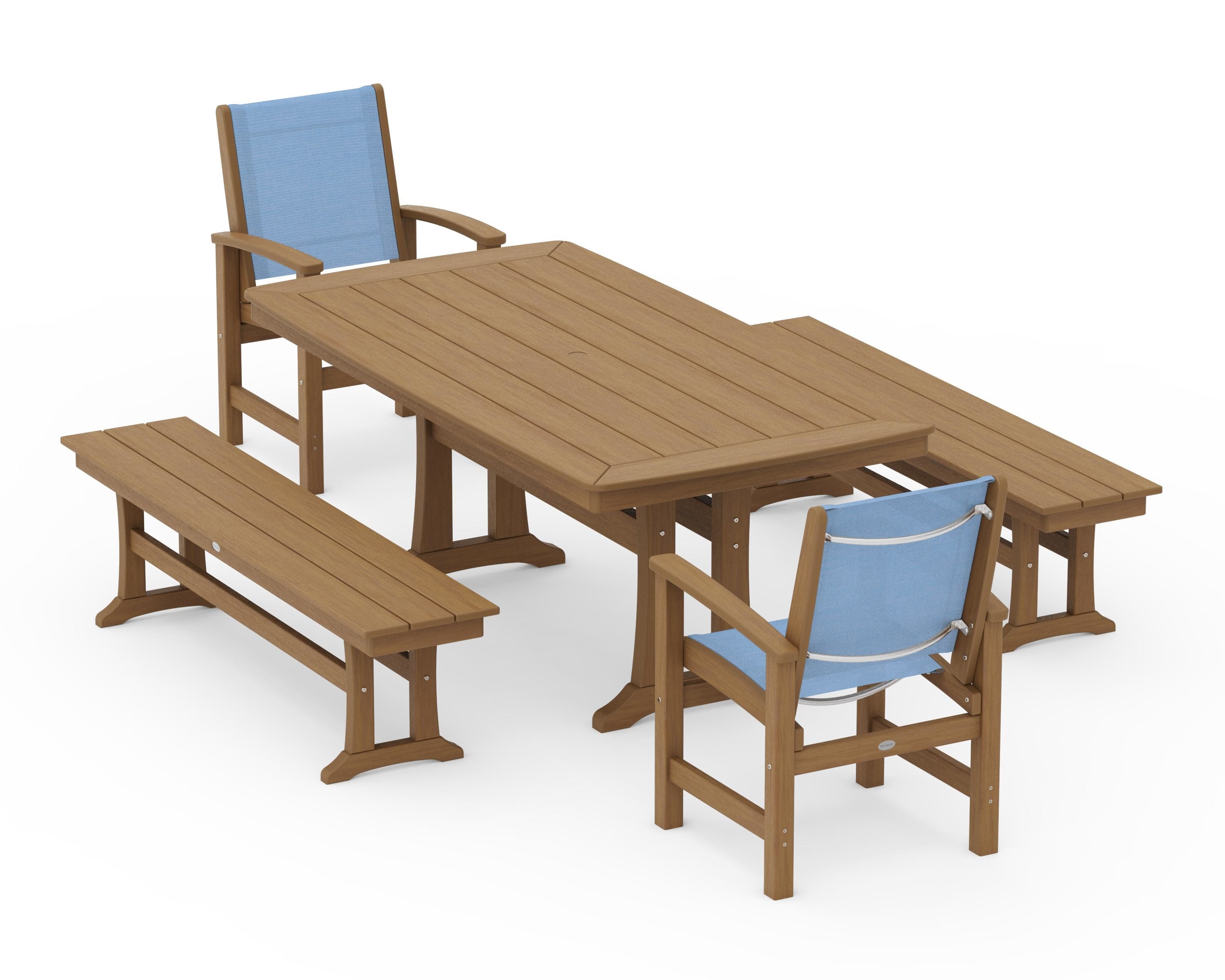 POLYWOOD Coastal 5-Piece Dining Set with Trestle Legs and Benches in Natural / Poolside Sling