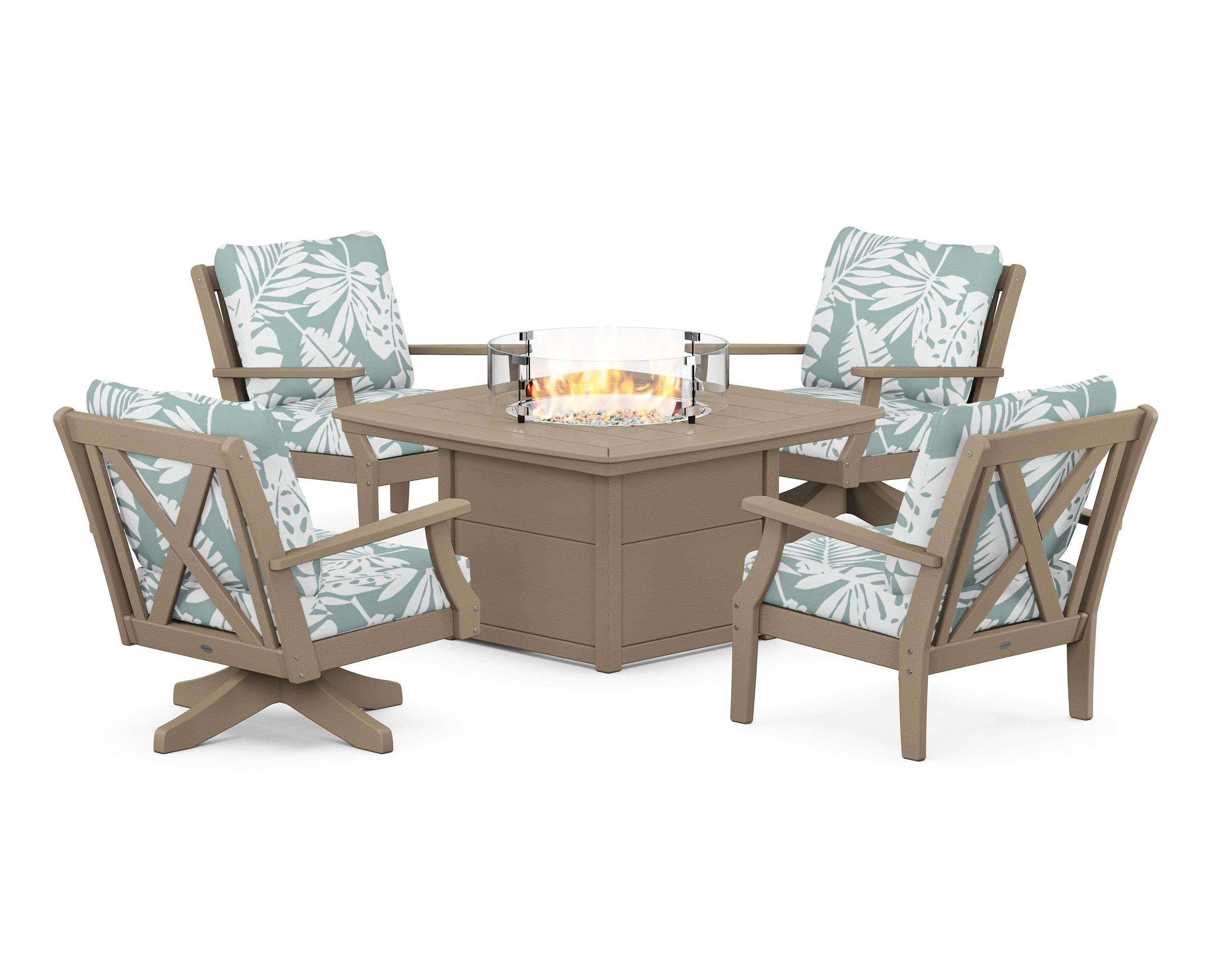 POLYWOOD Braxton 5-Piece Deep Seating Set with Fire Table in Vintage Sahara / Leaf Glacier Spa