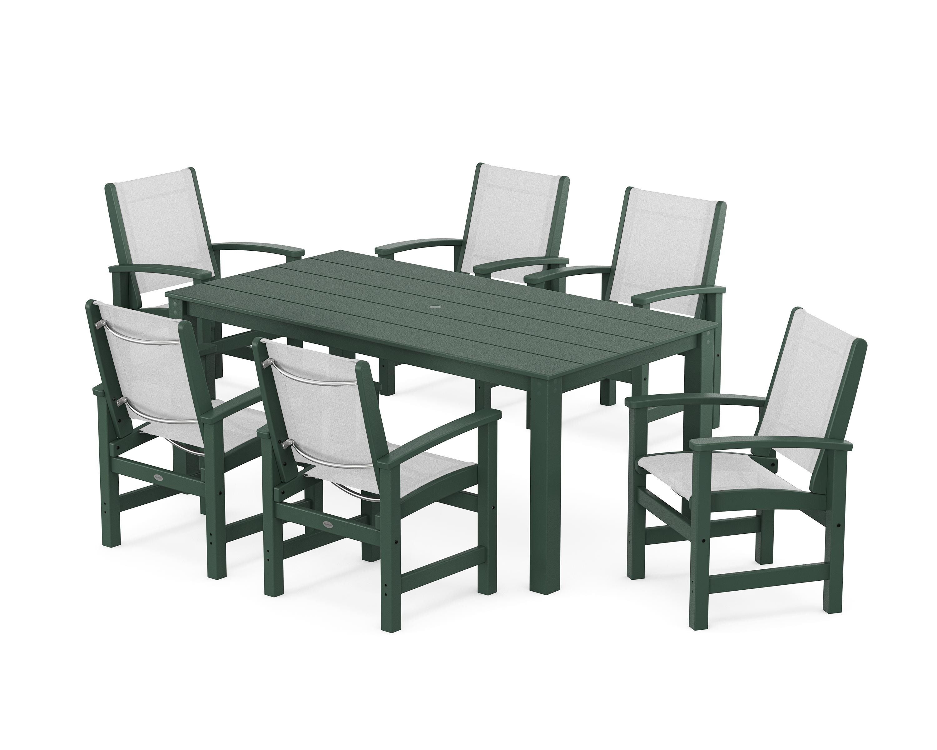 POLYWOOD Coastal 7-Piece Parsons Dining Set in Green / White Sling