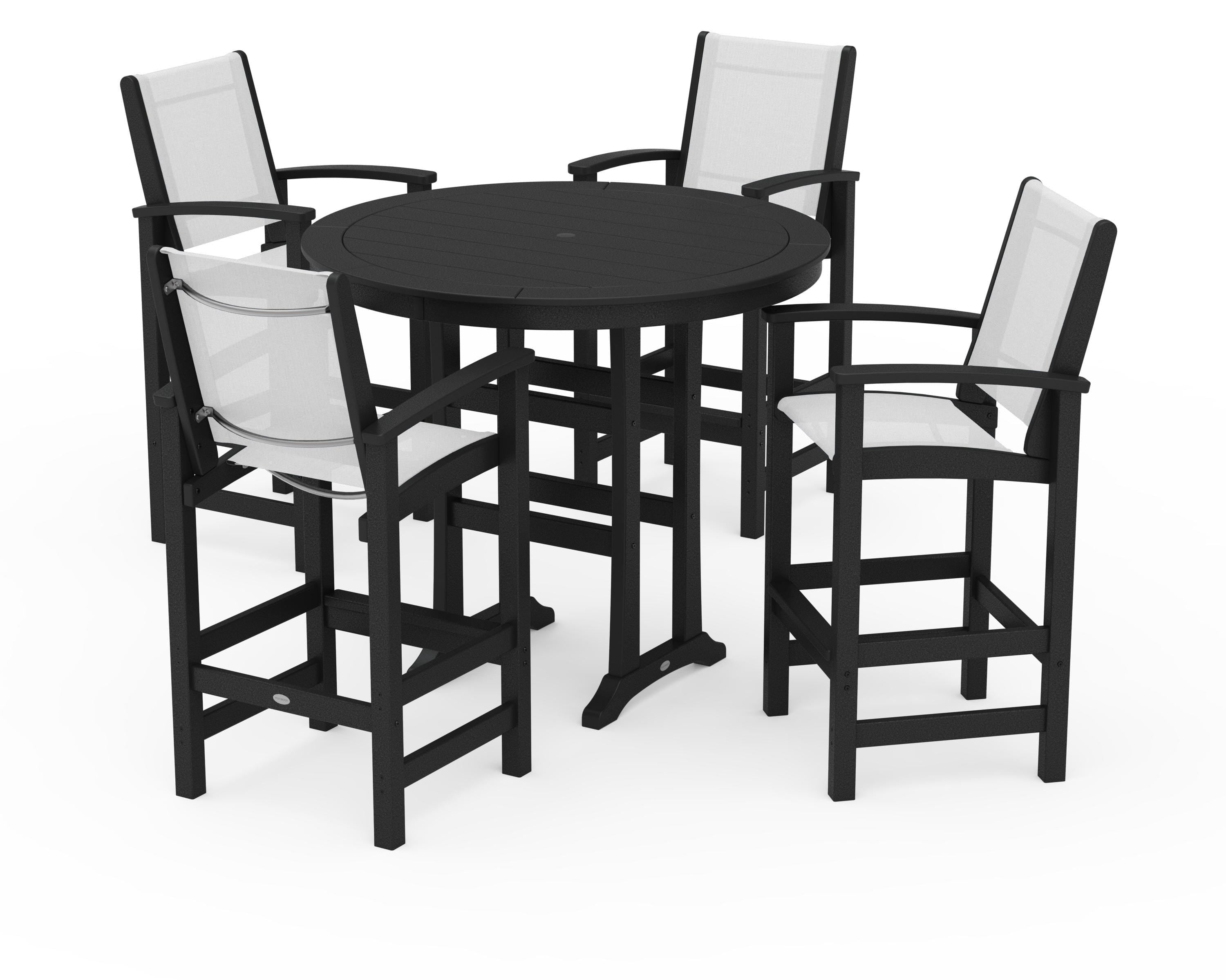 POLYWOOD Coastal 5-Piece Nautical Trestle Bar Set in Black / White Sling